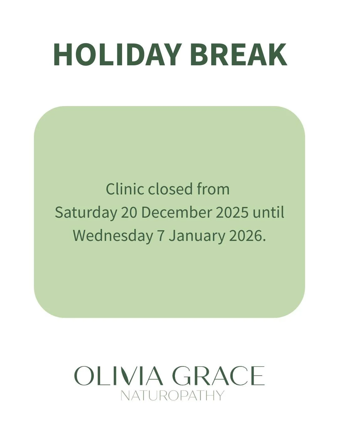 Holiday break announcement ✨

My final day of consults for 2025 will be Friday 19 December, and I&rsquo;ll be back in clinic from Wednesday 7 January 2026.

During this time, all email replies will be limited, except for anything urgent.

There are s