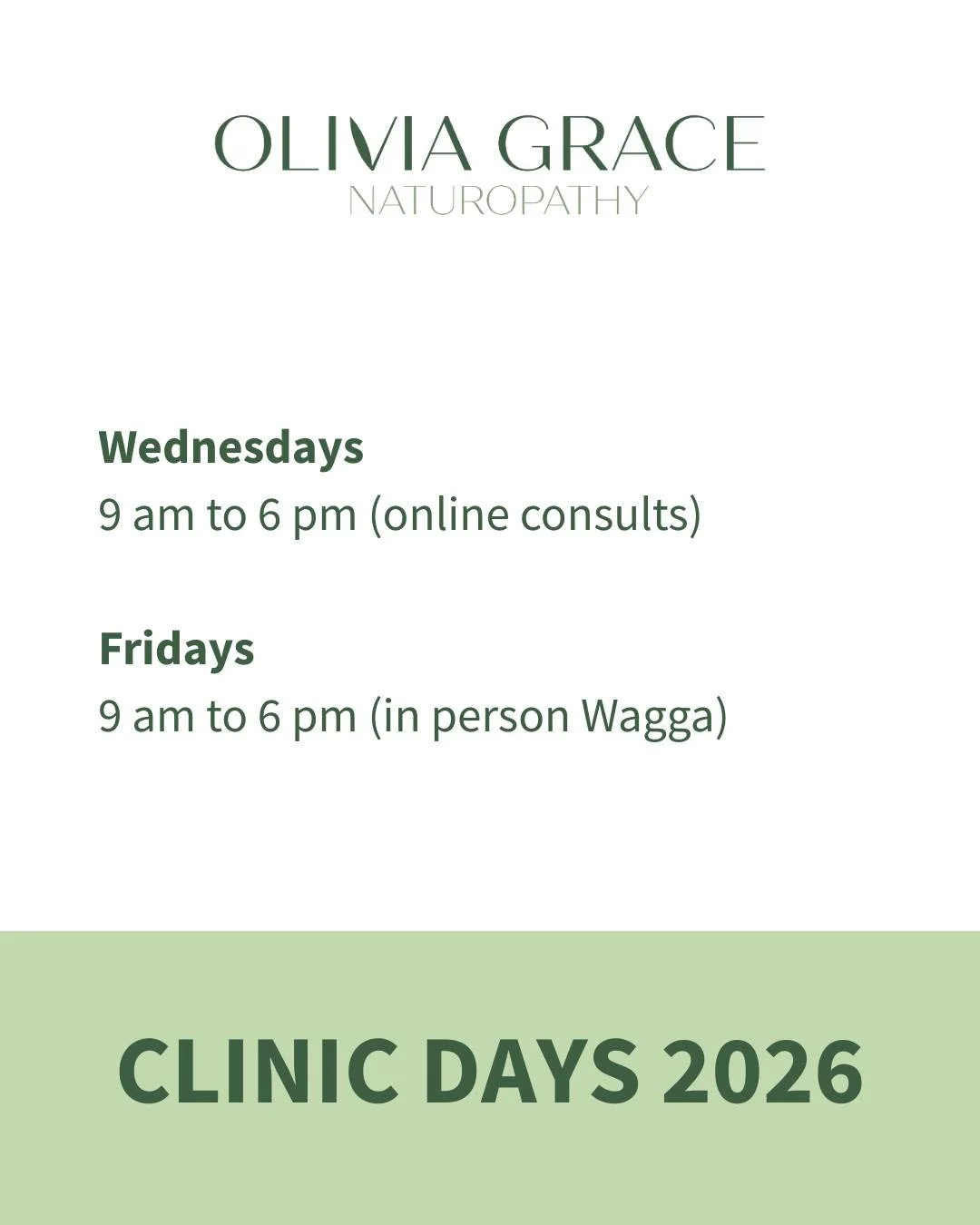 Updated clinic days for 2026 🌿

A little clinic update as we head into the new year.

From January 2026, my schedule will shift slightly to better support both my online clients and everyone who sees me in person at Body Mind &amp; Soul.

My new cli