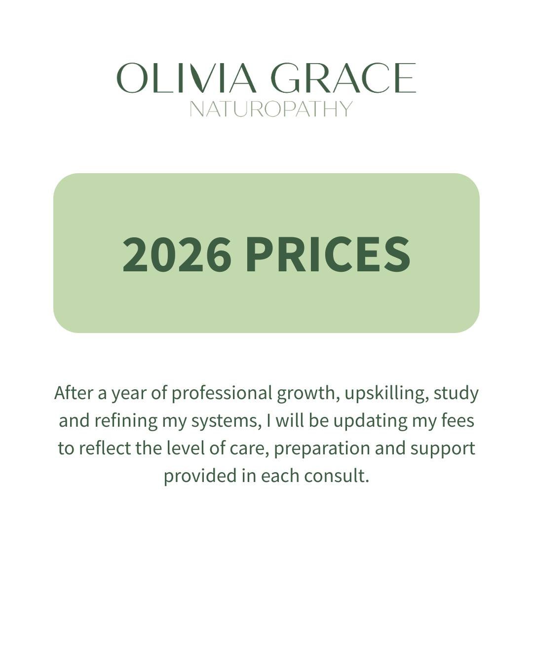 If you&rsquo;ve been meaning to book in, now is the perfect time.

All appointments made before 31 December will stay locked in at 2025 pricing, even if your consult is in the new year.

New prices from January 2026:

Holistic Health Consult 60 min: 