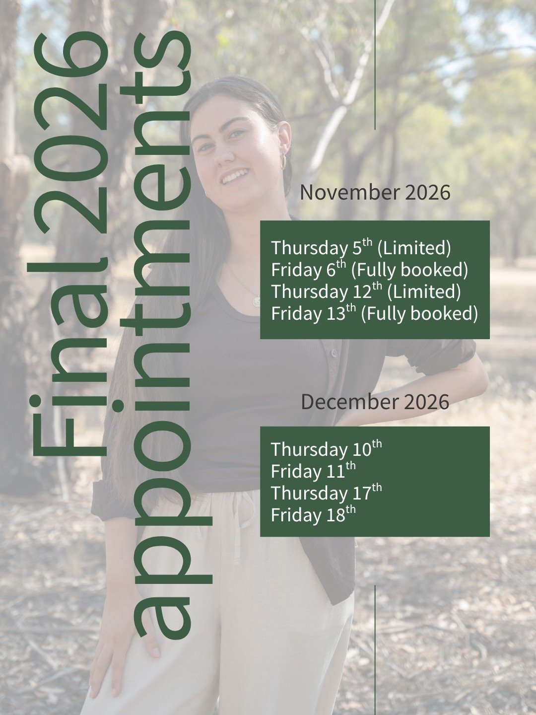 The end of the year is getting closer, so here&rsquo;s a heads up on my clinic dates before the break 🌿

My last day in clinic for 2026 is Friday 18 December, and I&rsquo;ll be back in mid January after a rest and reset!

In-person (Wagga) and onlin