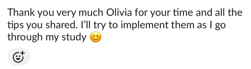 Screenshot of a text message thanking Olivia for her time and tips, with a smiling emoji at the end.