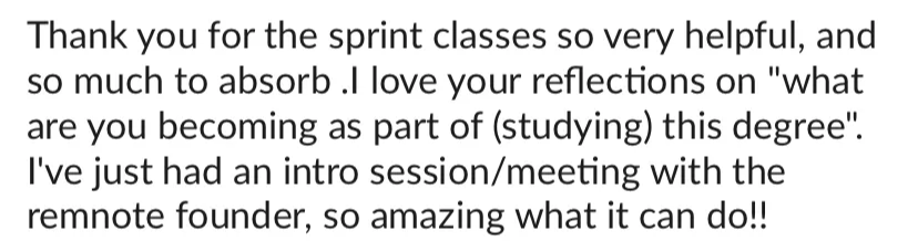 Screenshot of a message thanking for helpful sprint classes and reflecting on reflections about studying.