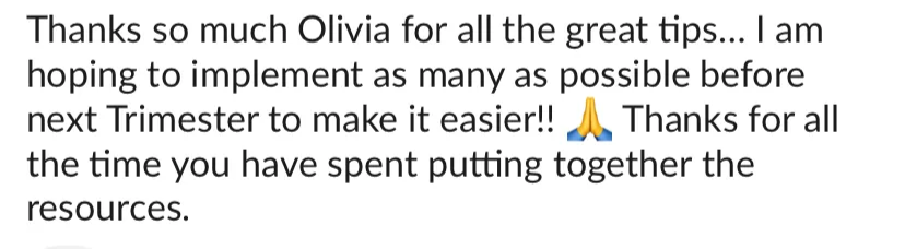 Screenshot of a text message expressing gratitude and plans for future implementation with a prayer hands emoji.