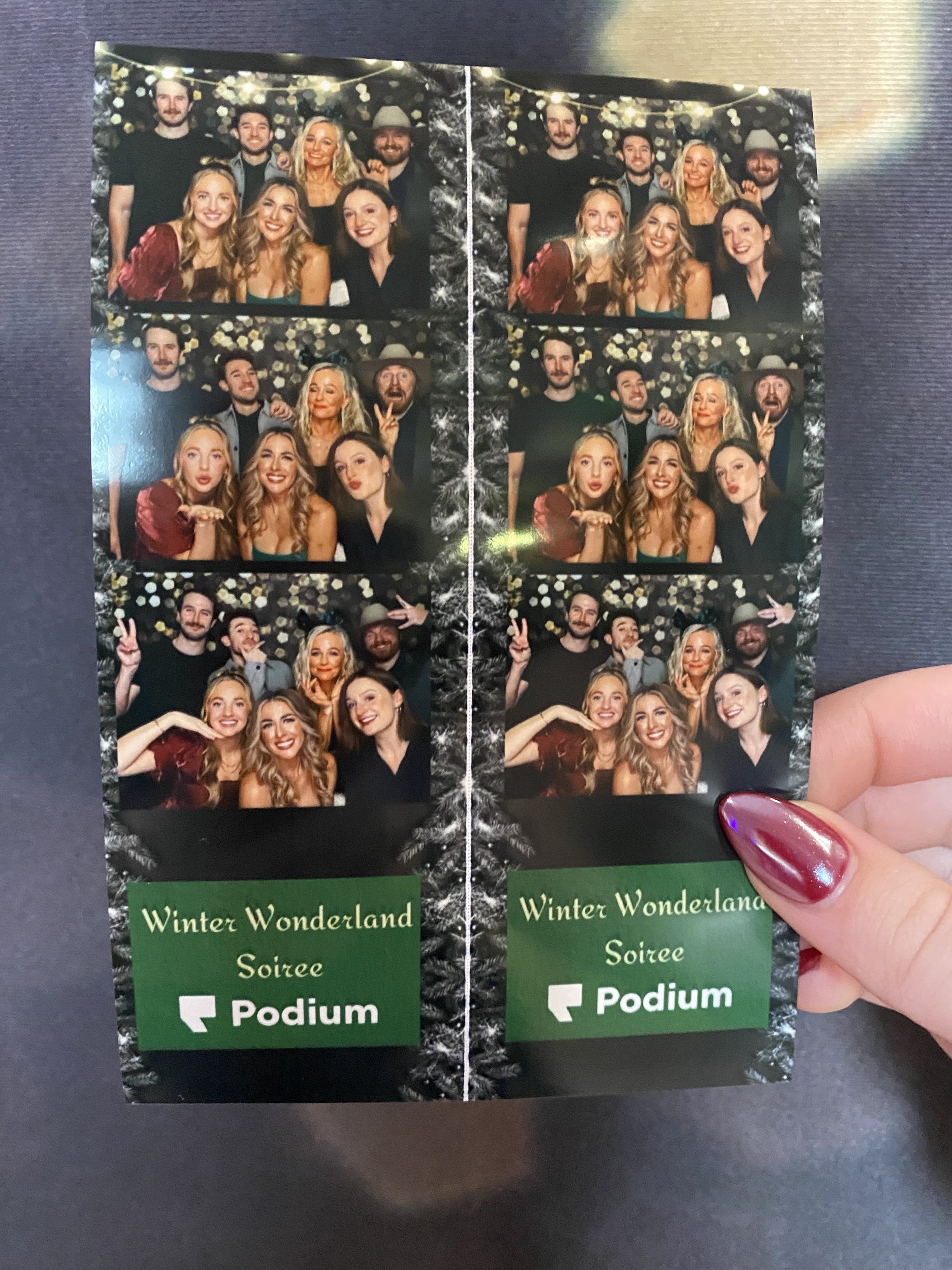 Photo booth strip featuring three people dressed in formal attire in playful poses, with the text "Congratulations Dominique and Brighton, June 12, 2020" and floral decorations.