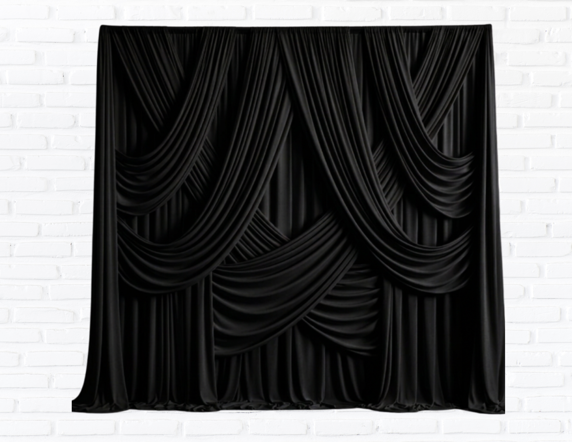 Chic Black Drapery
Rich, flowing black drapery with dramatic swags for a sophisticated, editorial feel. Great for galas, milestone birthdays, corporate events, and black-tie affairs.