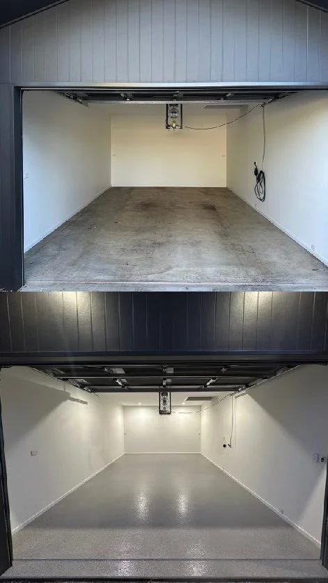Comparison of an empty garage before and after renovation, showing cleaner and finished flooring after remodeling.