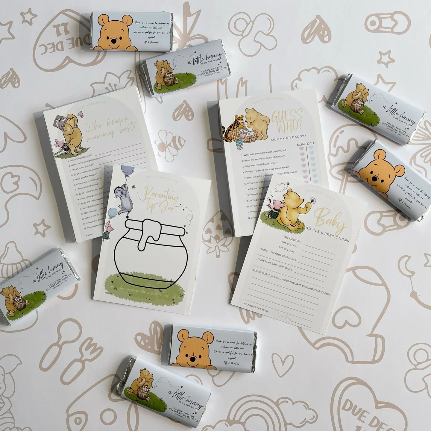 A little honey is on the way 🐻🍯 🐝 

I had the pleasure of crafting the finer details for Tiffany&rsquo;s Baby Shower, from custom game cards to chocolate wrappers. And of course, the stunning table runner from the talented @gimlet.studio tied ever