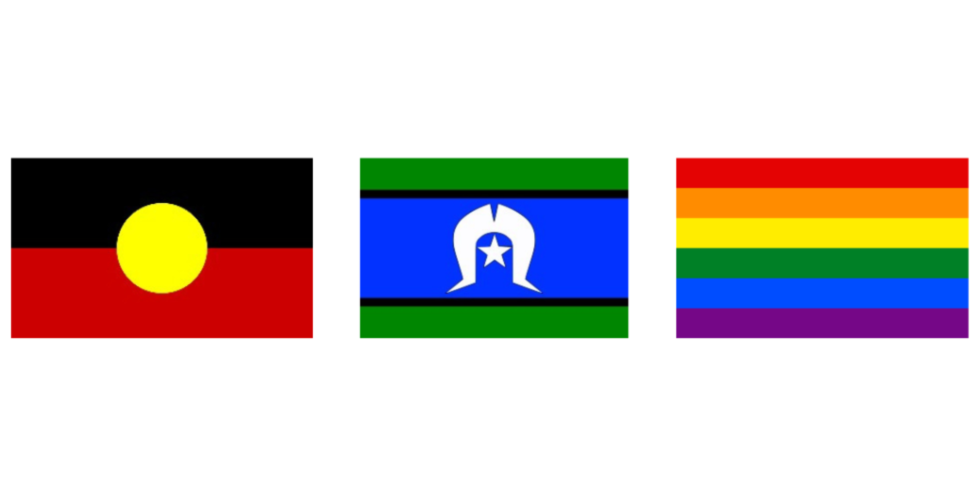 Aboriginal, Torres Strait Islander, and LGBTQIA+ flags displayed side by side