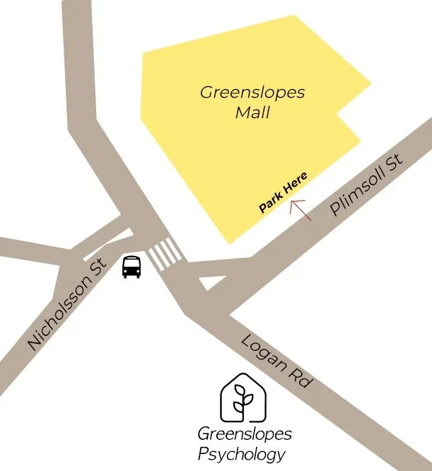 Parking map showing Greenslopes Mall, Nicholson Street, surrounding streets and Greenslopes Psychology, where Jack Kelly Therapy Services is located.