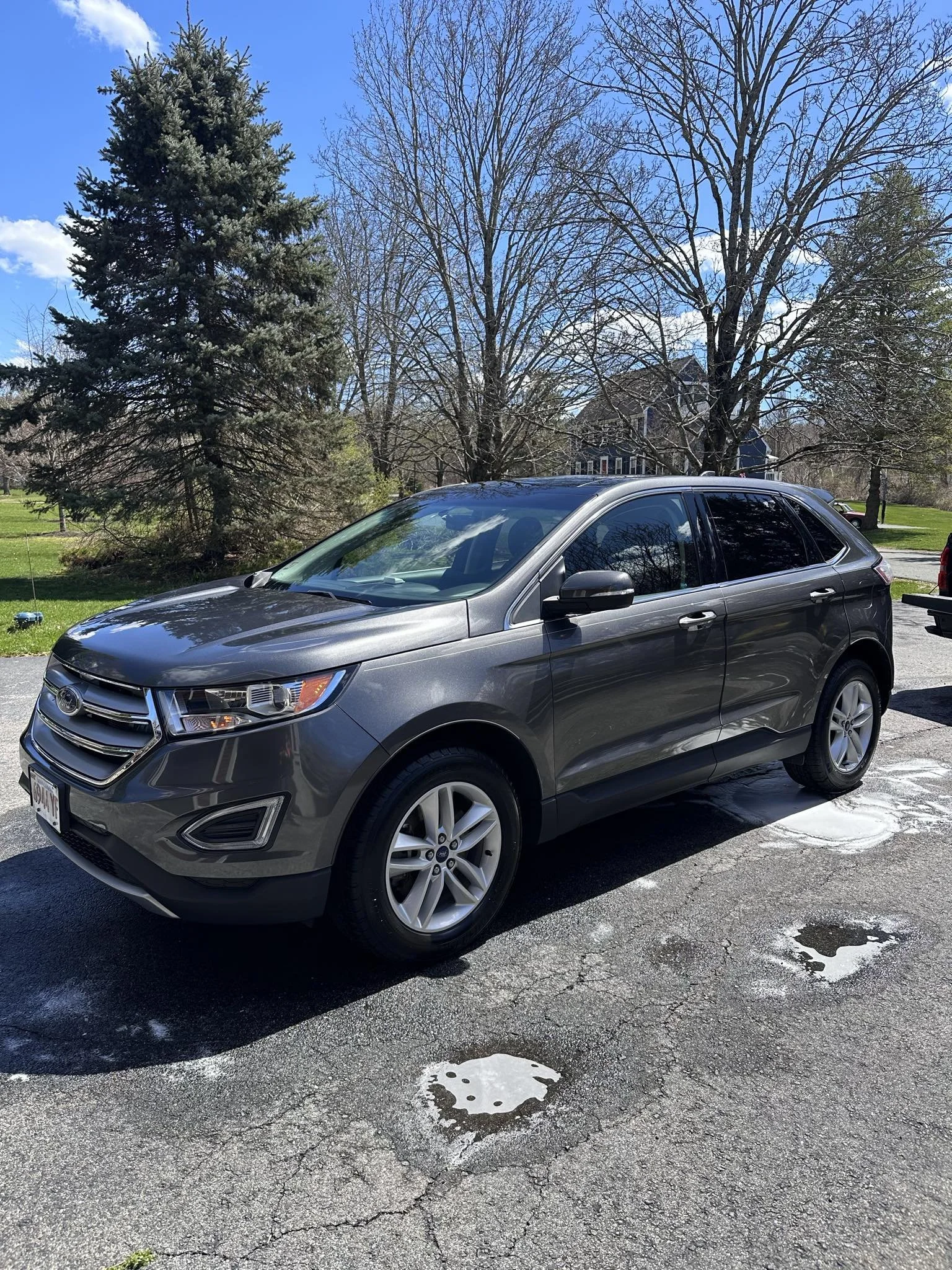 Gray SUV parked on a driveway with trees in the background.