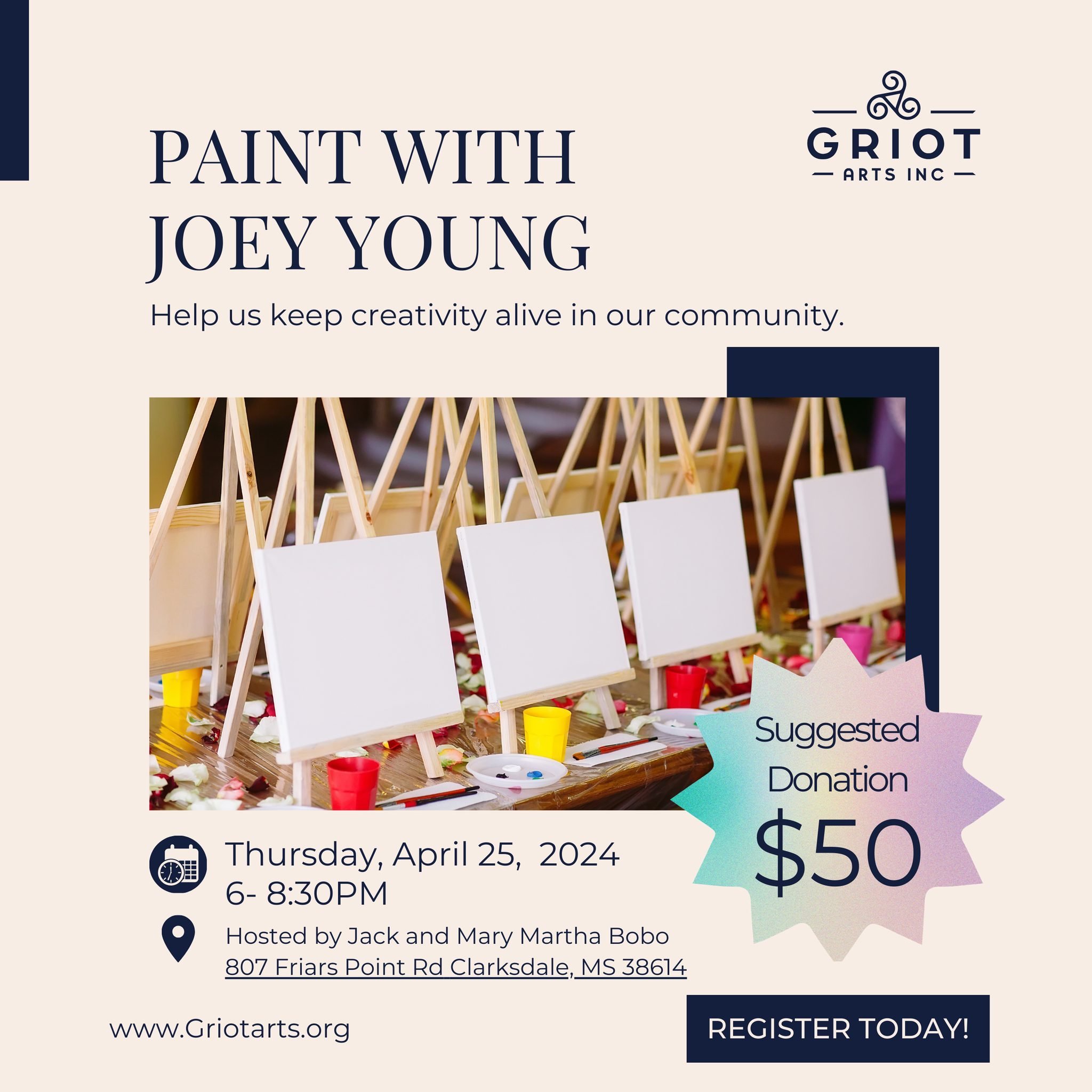 Get ready to Paint with Joey Young! Join us for an inspiring evening where creativity meets community. Whether you&rsquo;re an experienced painter or a first-time artist, Joey Young will guide you through a fun acrylic painting session.

🗓️ Date: Ap