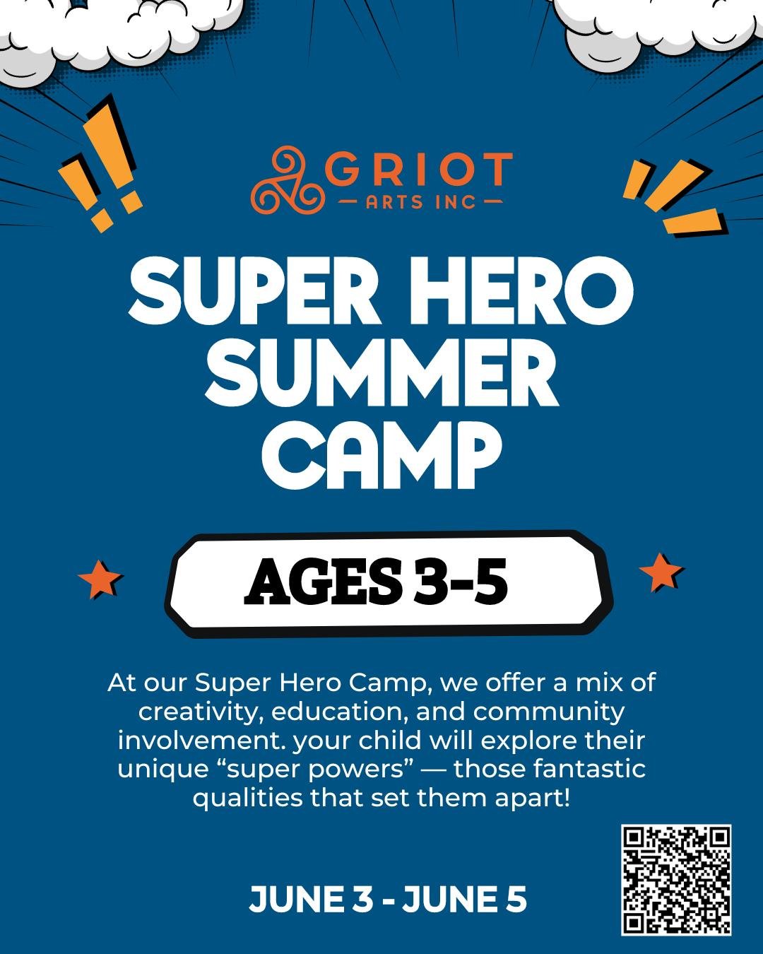 Introducing our 'Super Hero' Summer Camp tailored for 3-5 year olds! 🌟

Unleash your preschooler's inner hero this summer with Griot Arts! Our Super Hero Camp offers a specialized program packed with creativity, enjoyment, education, and community i