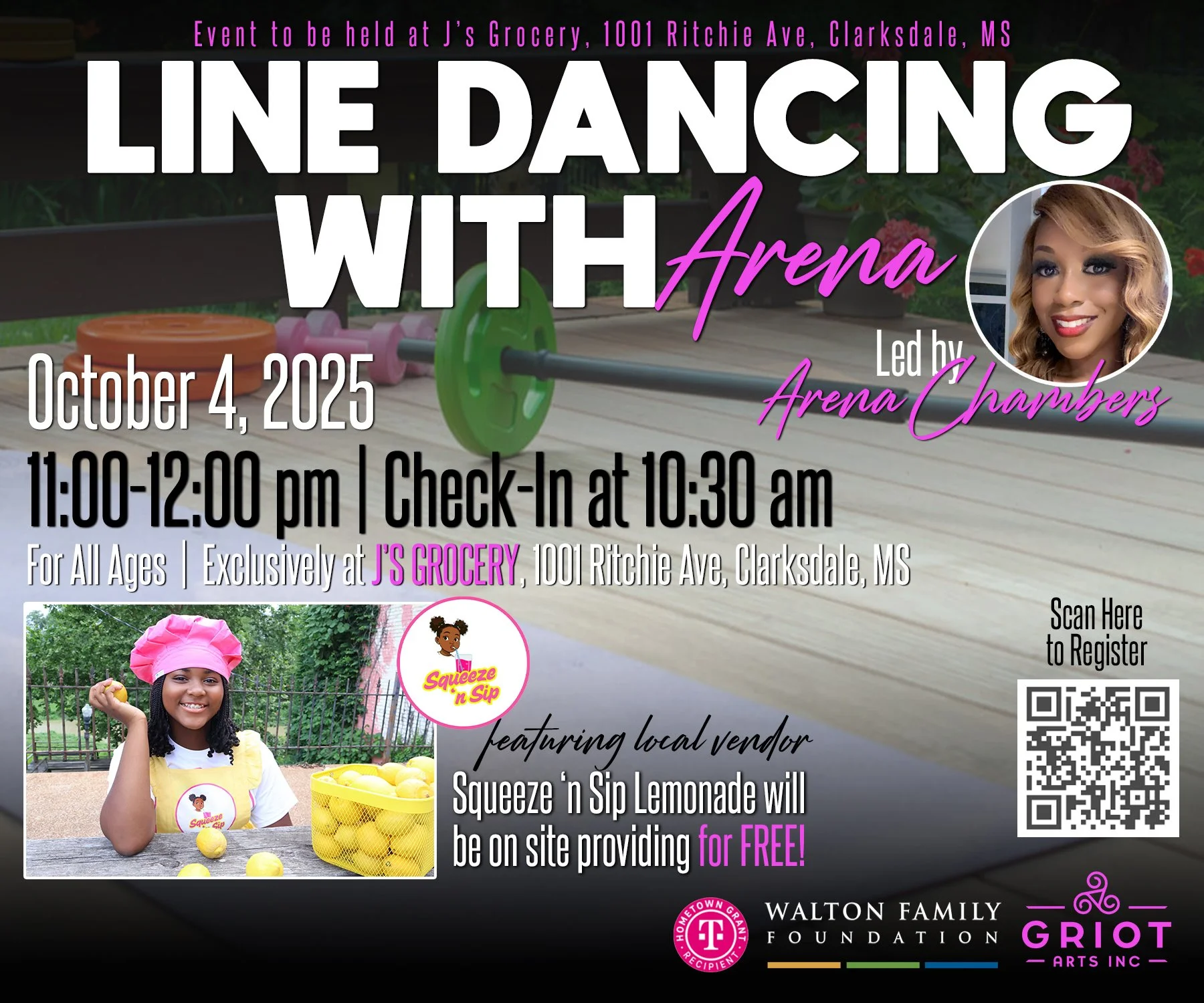 ✨ Get ready to move, groove, and have fun! ✨

Join us for Line Dancing with Arena Chambers  This Saturday, October 4, 2025 at J&rsquo;s Grocery, Clarksdale, MS.

🕚 11:00 am &ndash; 12:00 pm (Check-in at 10:30 am)
👨&zwj;👩&zwj;👧 For all ages
🍋 Fea
