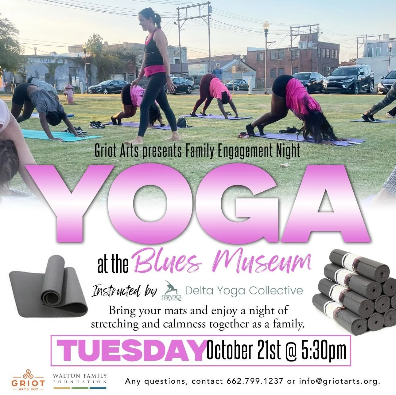 Free Yoga at the Blues Museum Stage!

Come breathe, stretch, and center yourself during  a peaceful evening of movement and mindfulness in honor of Breast Cancer Awareness Month &mdash; hosted by Griot Arts and led by Jackie Dean of Delta Yoga Collec