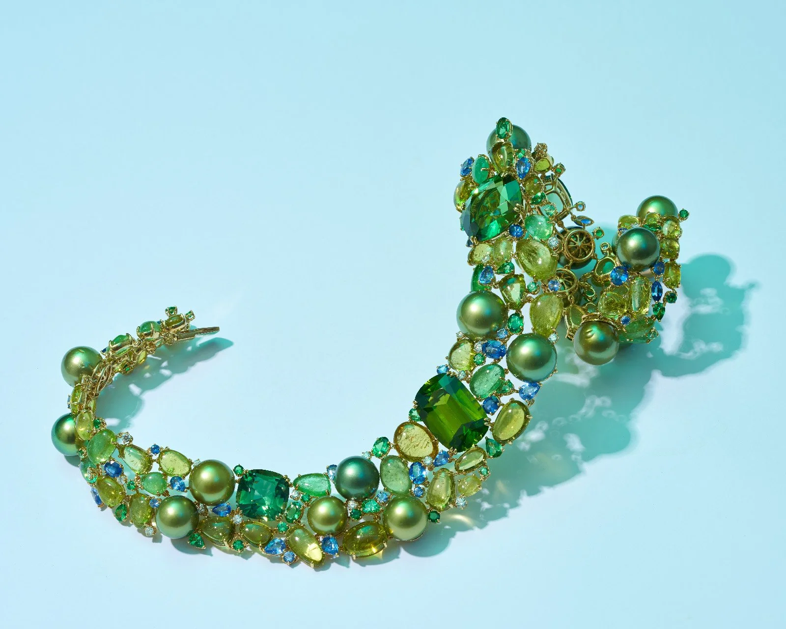 Photograph of a pearl and precious gem necklace shot in Brisbane