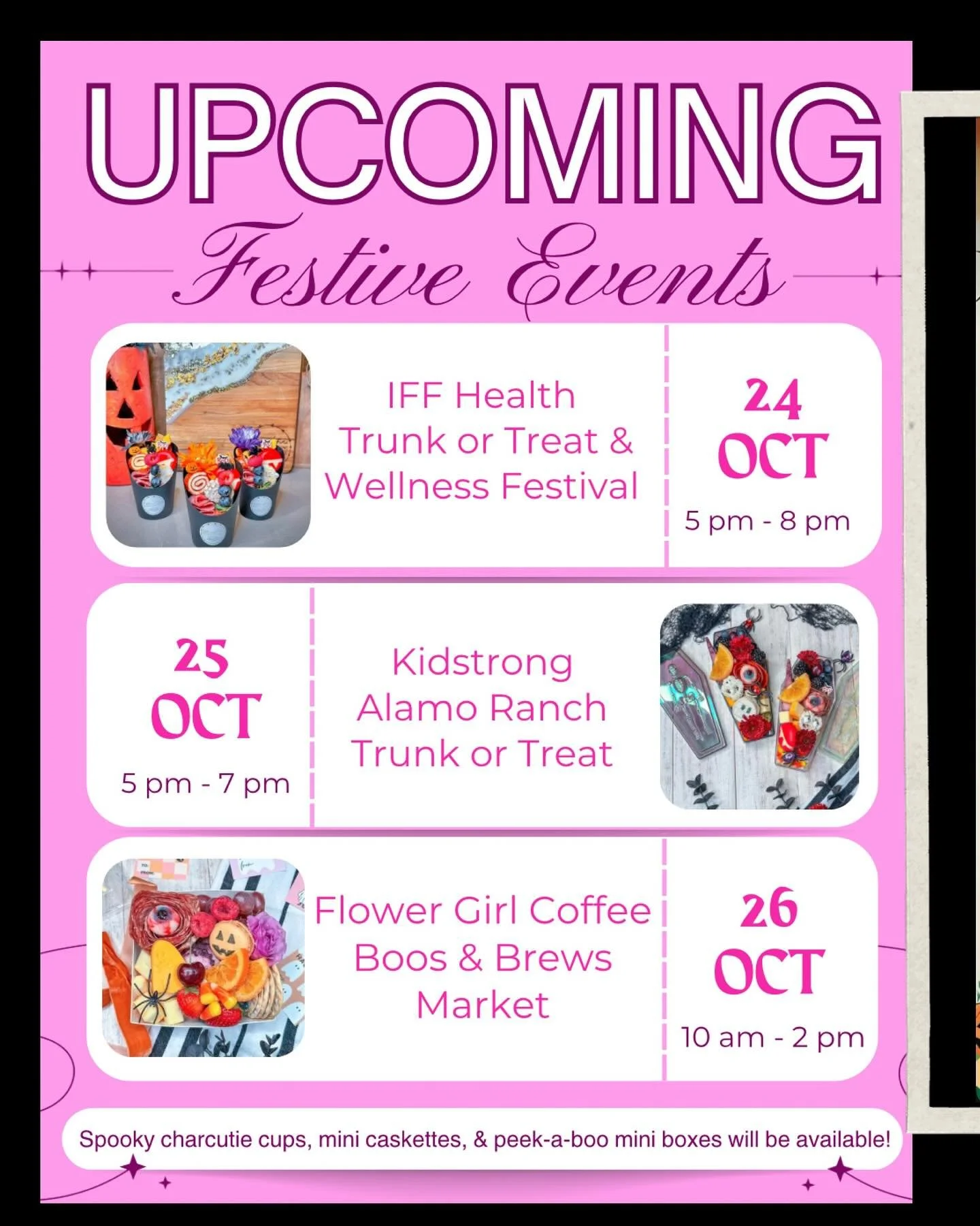 Get ready for a 𝖋𝖊𝖘𝖙𝖎𝖛𝖊 weekend y’all 👻🎃
I’ll have all the cutest festive snacks available! From spooky Charcutie Cups, Lil Caskettes, and even Peek-A-Boo Mini Charcuterie Boxes! It’s a full weekend of festive fun, charcut