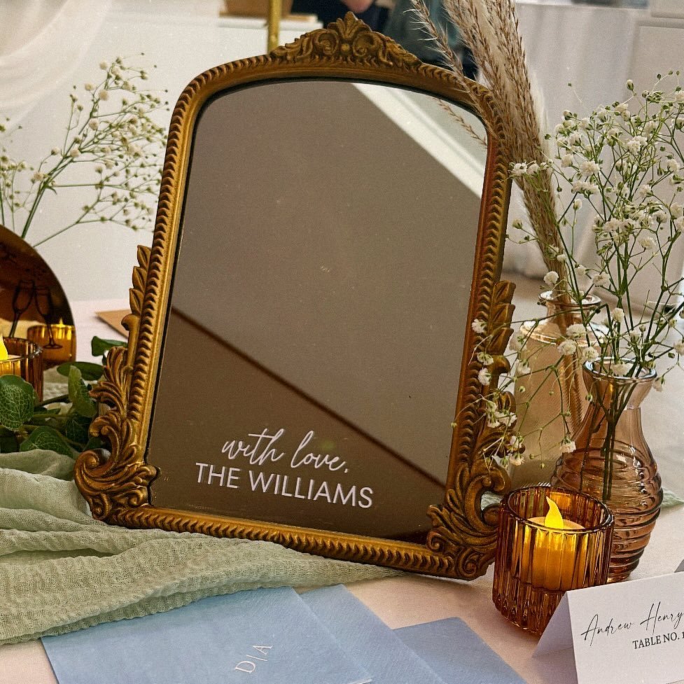 gold tabletop mirror signage ✨