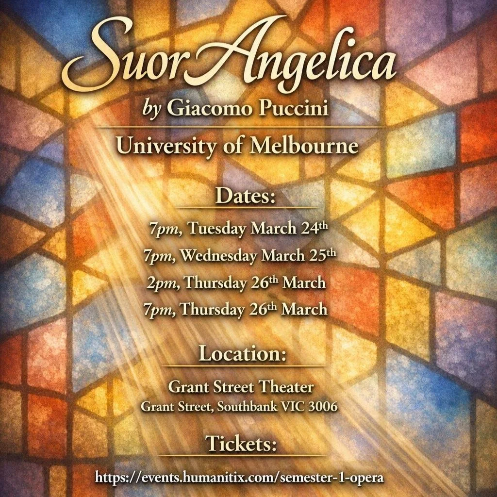 Happy to announce that I will be singing in the upcoming production of 'Suor Angelica' with the Masters of Operatic Performance students at the University of Melbourne. 

After graduating last year I've been asked to appear as a guest artist, perform
