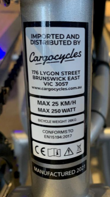 Example e-bike frame label showing EN15194 compliance, a maximum assisted speed of 25 kilometres per hour and maximum power of 250 watts