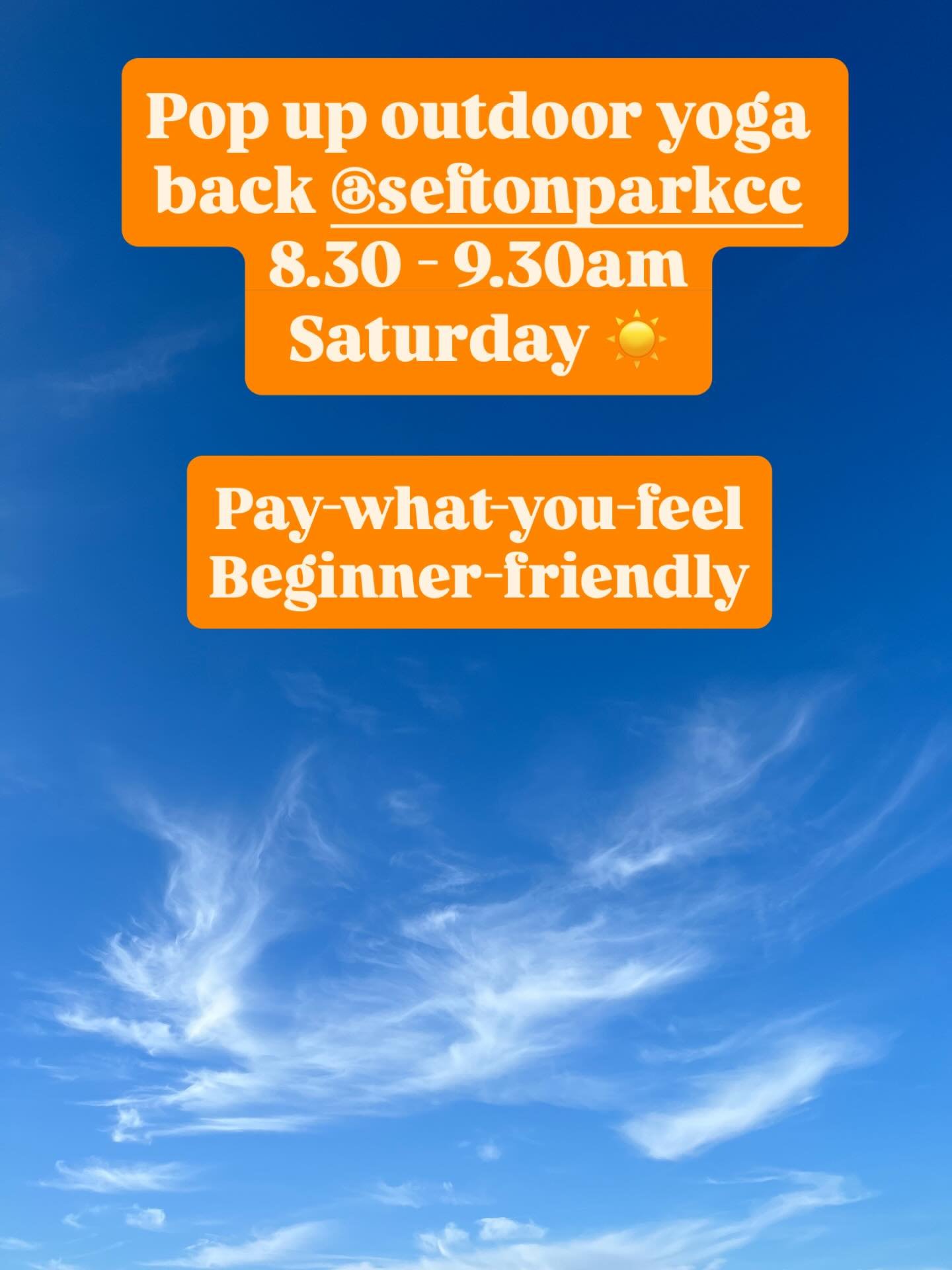MORE OUTDOOR YOGA THIS SATURDAY 🙌🏻
.
8.30 - 9.30am (before it gets too hot!)
.
Meet on the top pitch at Sefton Park Cricket Club (in front of the Pavilion).
.
Pay-what-you-can. Cash preferred. Bring your own mat if you have one (or just DM me if
