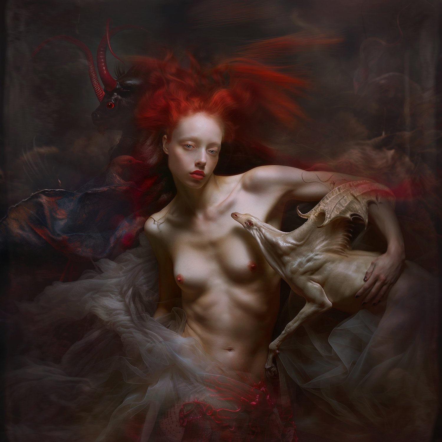 Lady with white Dragon, 2024, 100cm x 100cm Edition 6/ 10, 2AP Digitaldruck on Hahnemühle Fine Art Paper matt on Aludibond