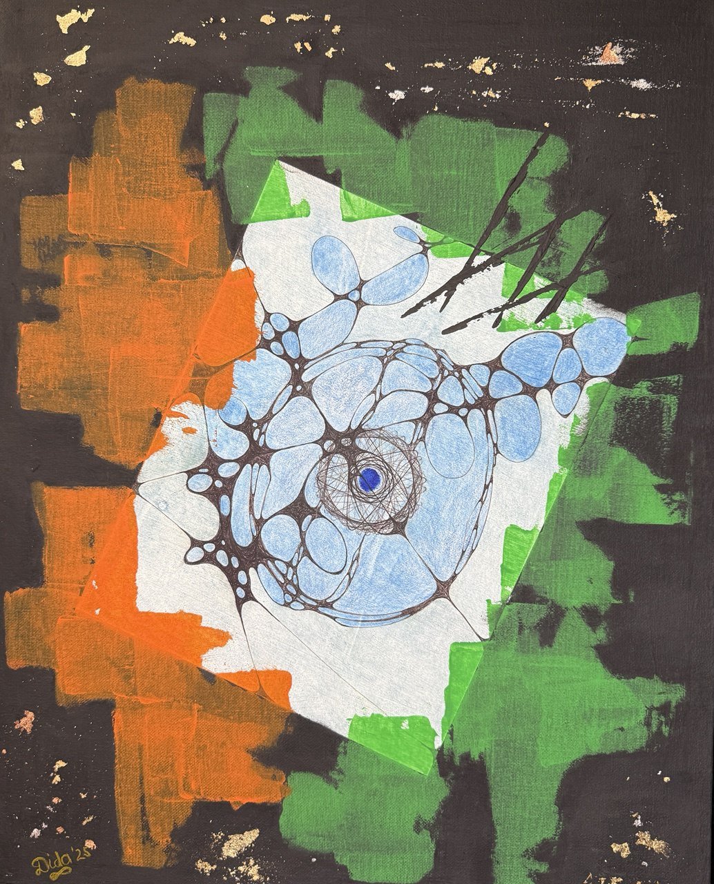 "Eye of Mother Nature watching us" by Dida Andr, 2025. Mixed Media on canvas. 40.6x50.8 cm.