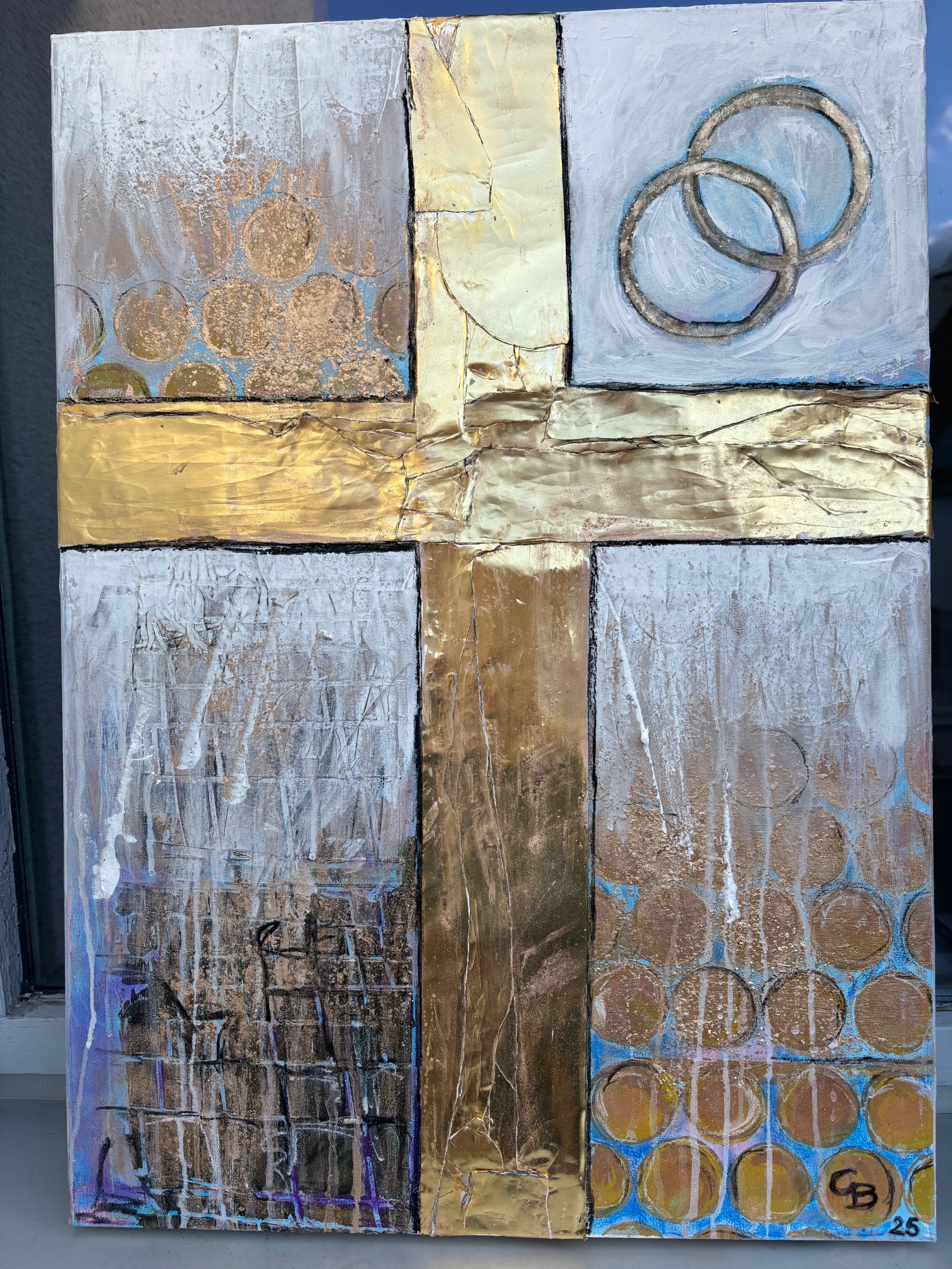 La tua luce scaccia le tenebre 2025, acrylic & gold foil, 60x40cm