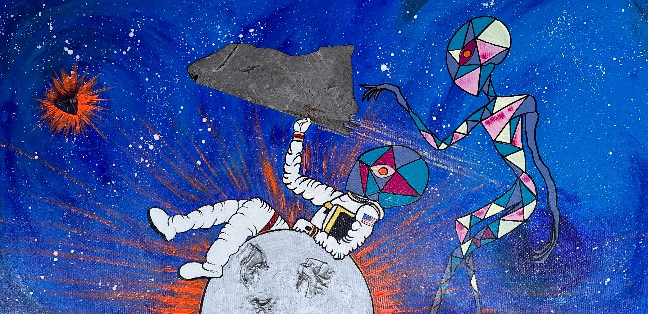 THE ASTRONAUT 100x 60 cm( Acrylic on canvas decorated with METEORITE PLATE AND NATURAL BLUE ROUGH SAPPHIRE) 2022