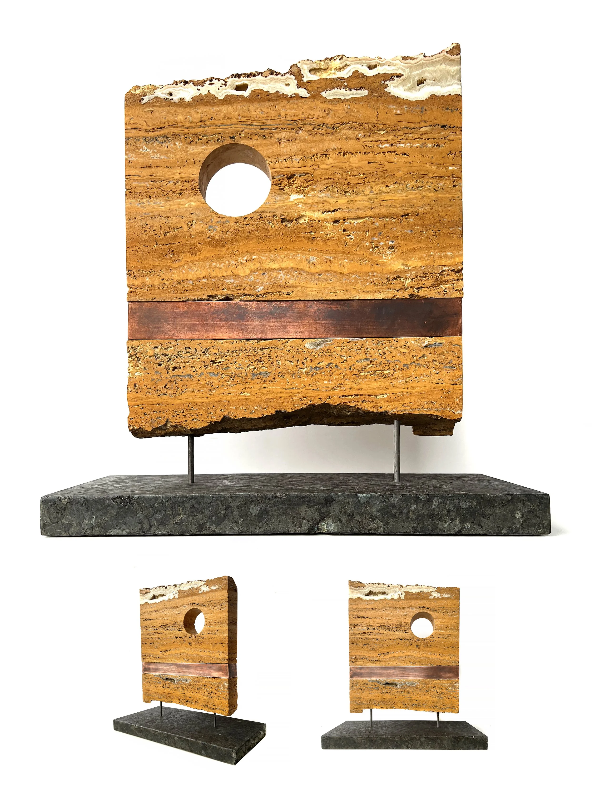 The Archeology of Time, 2022. Hand carved Persian travertine, copper and granite, 64 x 73 x20 cm.