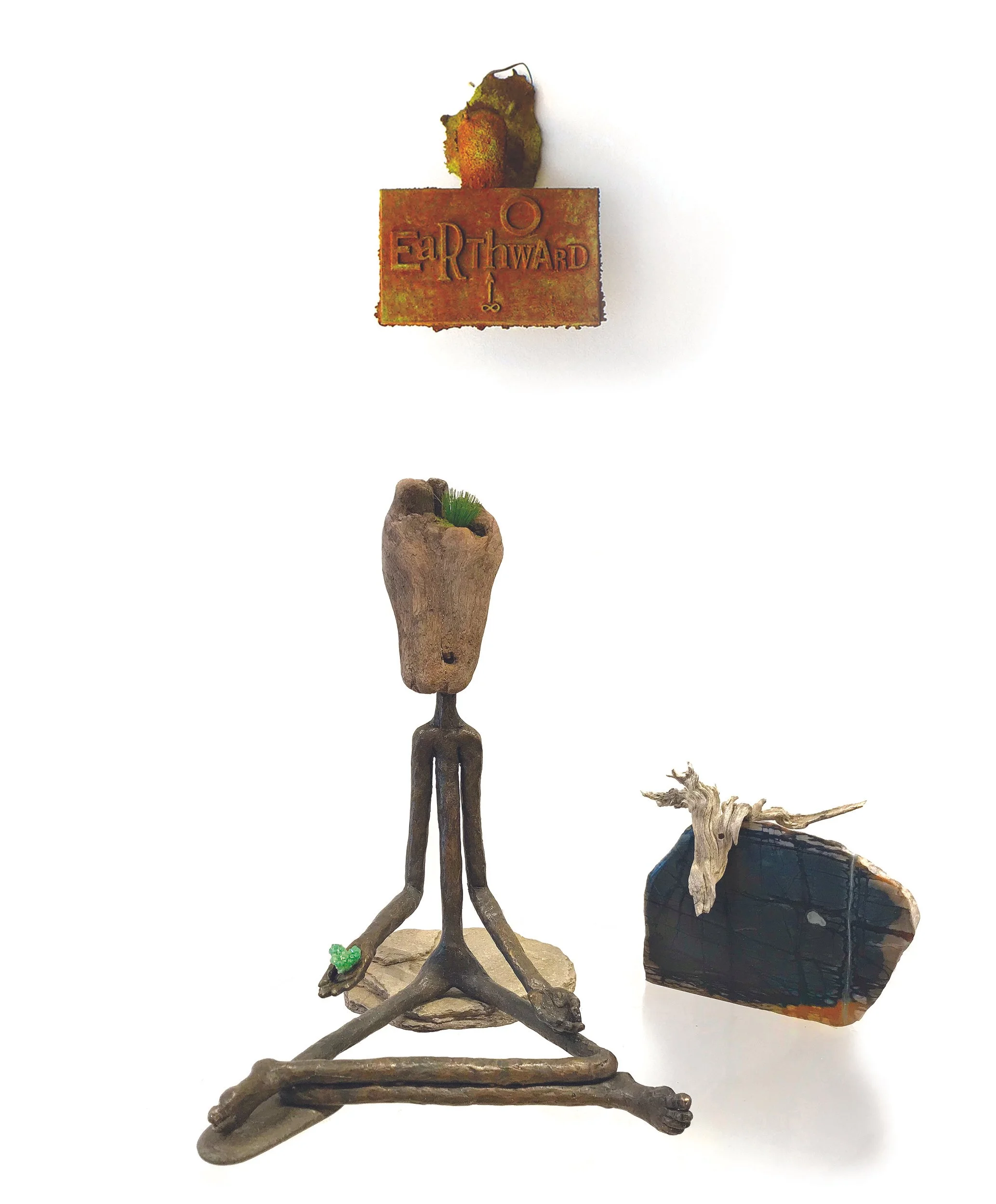 Being There and Earthward, 2018. Bronze, marble, wood, minerals, 25 x 30 x 30cm.