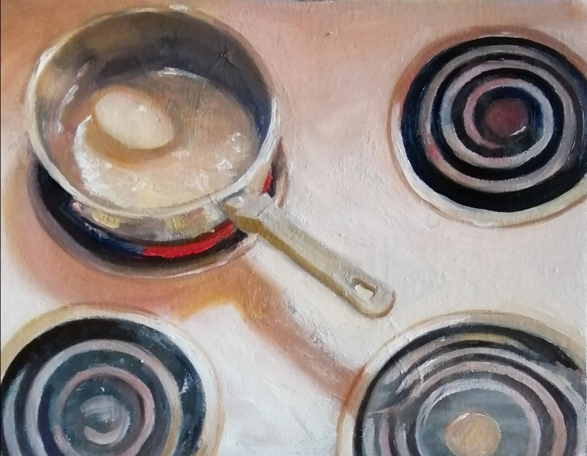 Boiling duck egg, 2025. Oil on board  40 x39 cm