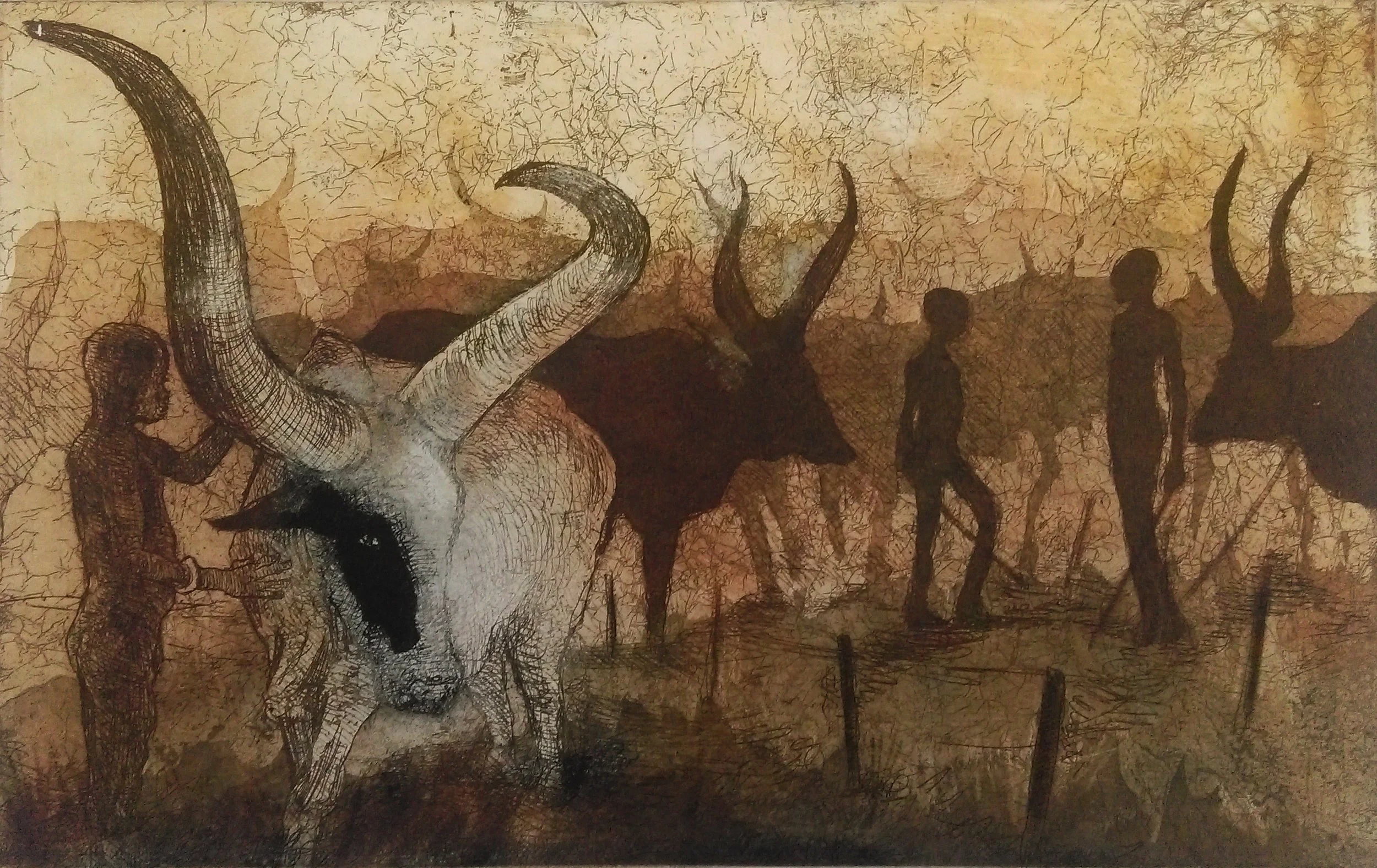 Farmers of Sudan, 2016. Intaglio etching on zinc, 50 x 60 cm.