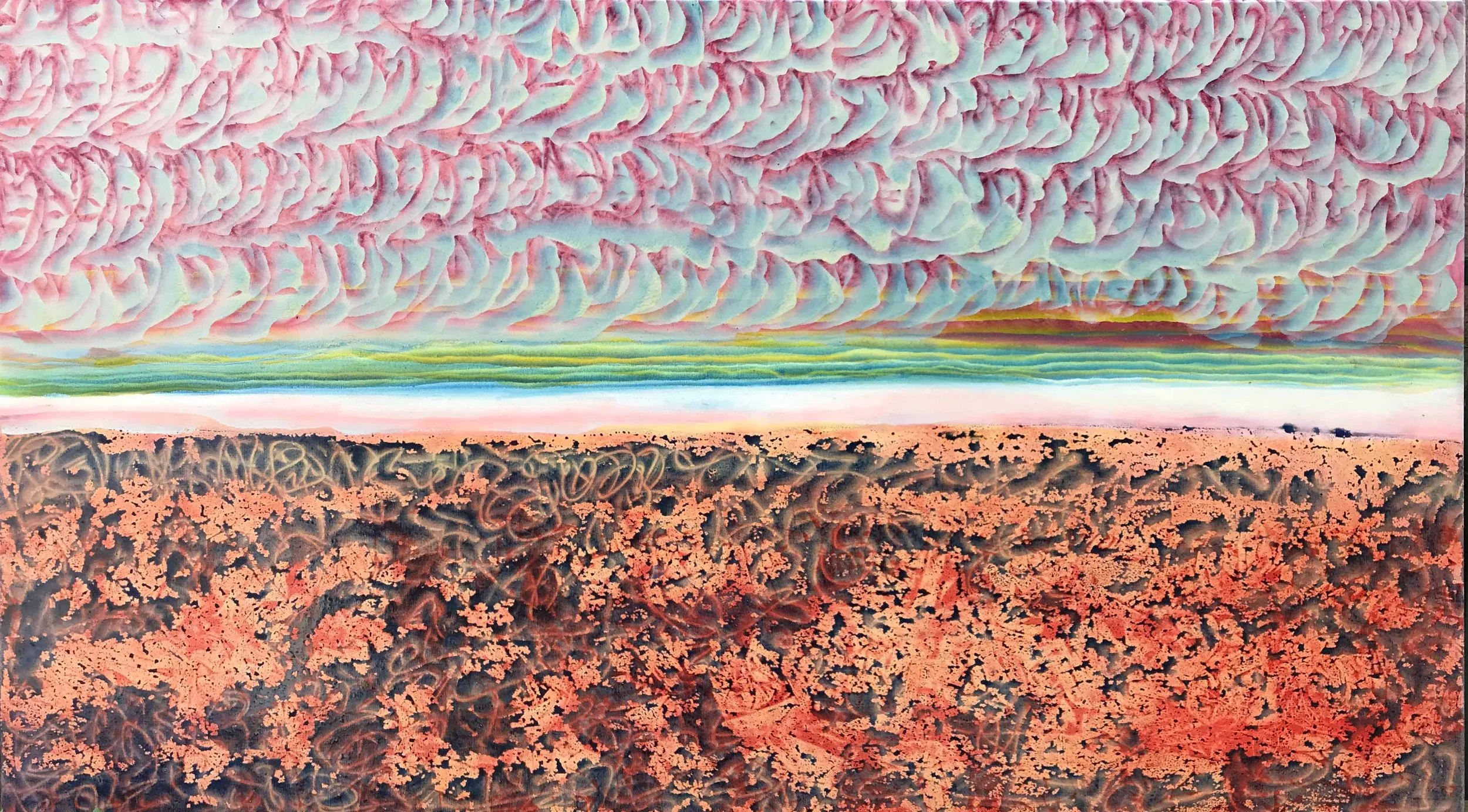 horizontal Frequency, 2019, Premonition of a hot summer in nitrogen peroxide, Venetian enamel oil painting on canvas, 94 x 167 cm