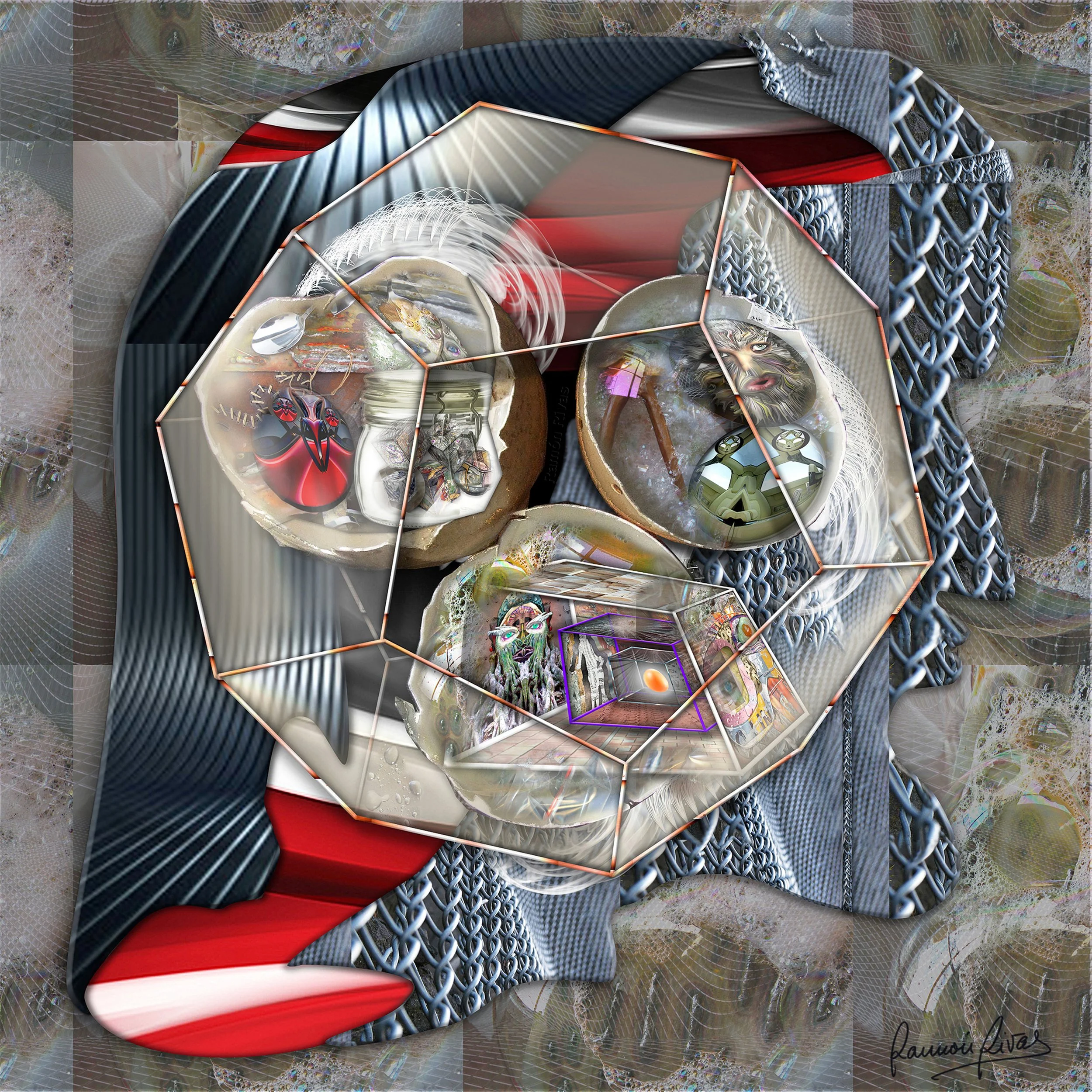 Nest of Experiential Faces,  2023,  Mixed media-Rivismo,  195x195 cm