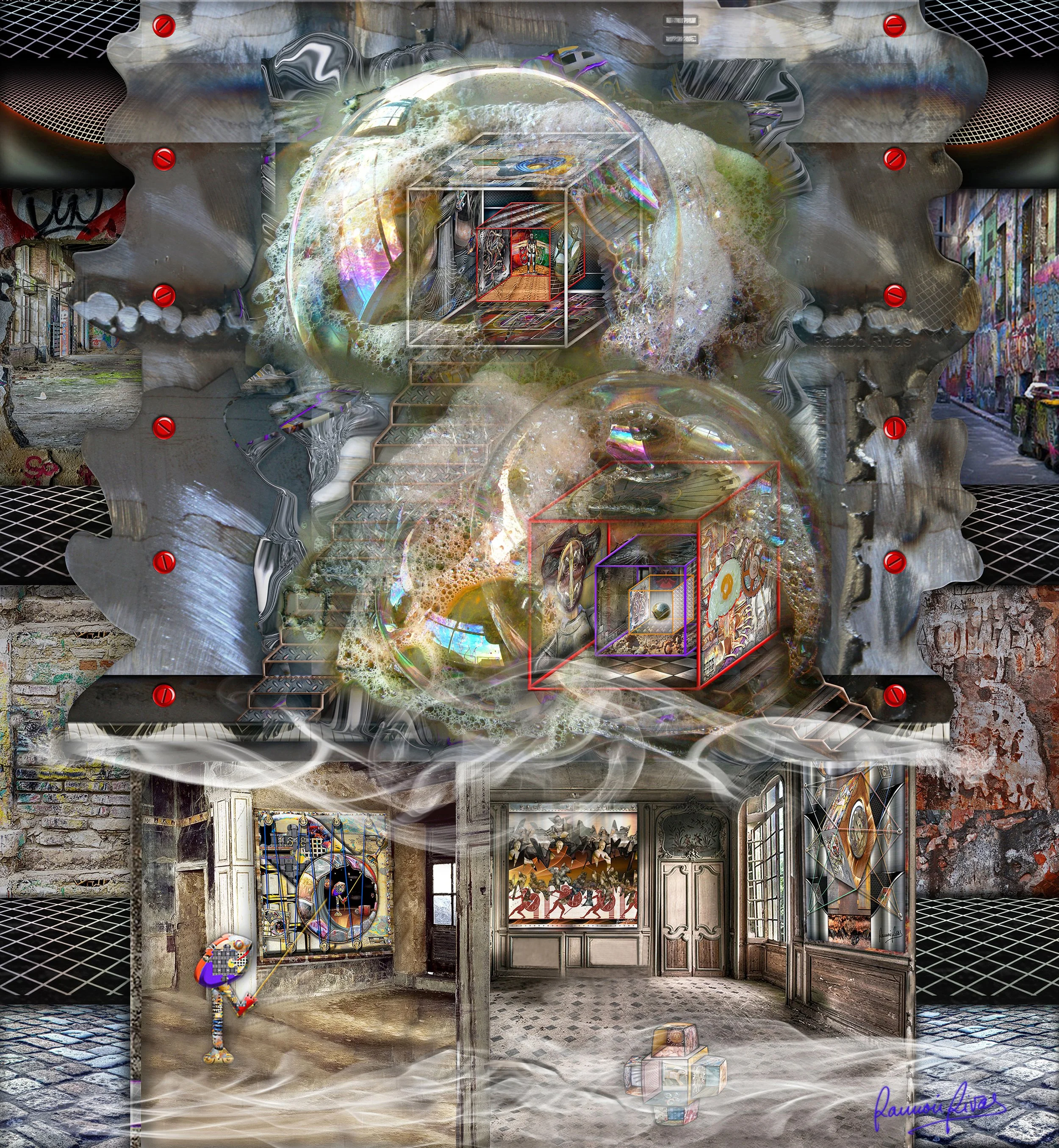 Art Explosion In-Out,  2023,  Mixed media-Rivismo,  180x195 cm