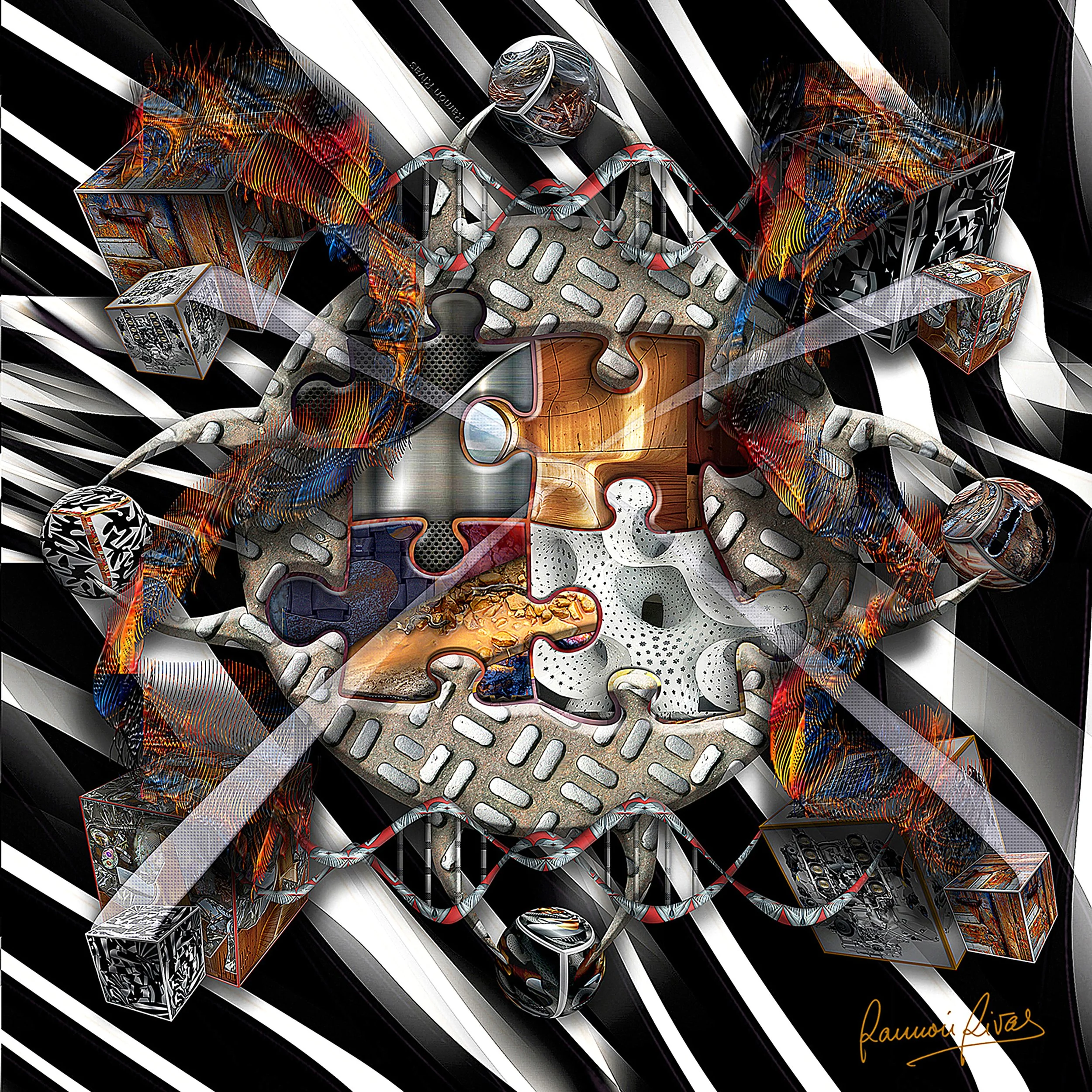 Experiential Puzzle, 2018,  Mixed media-Rivismo,  195x195cm