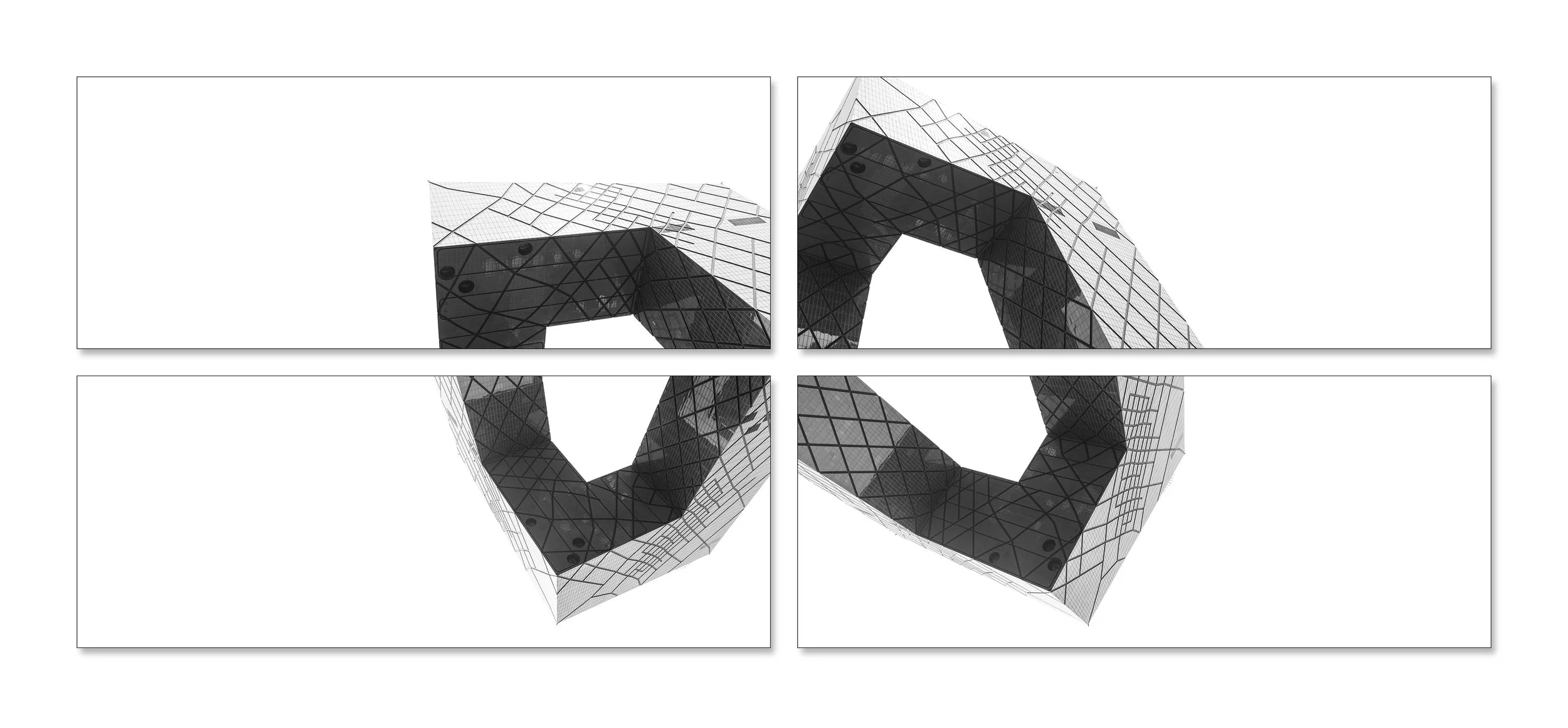 Un tetraptyque d‘architecture chinoise en cinémascope | CCTV Headquarters| no. 21 | Beijing Chaoyang District | 2024. 4 photo prints on paper, 208 x 84 cm.