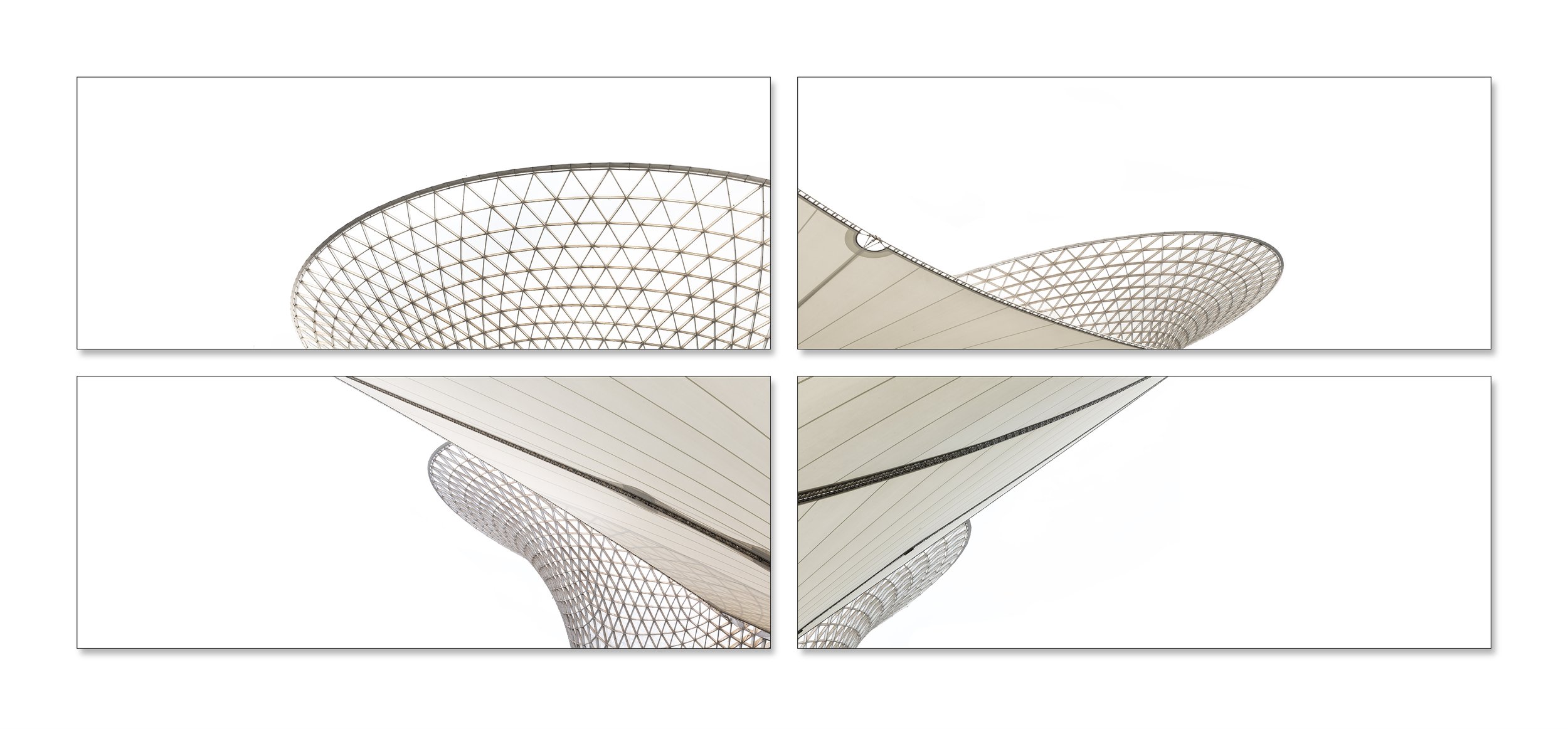 Un tetraptyque d‘architecture chinoise en cinémascope | The River Mall – Roof Top | no. 06 | Shanghai Pudong New District | 2024. 4 photo prints on paper, 208 x 84 cm.