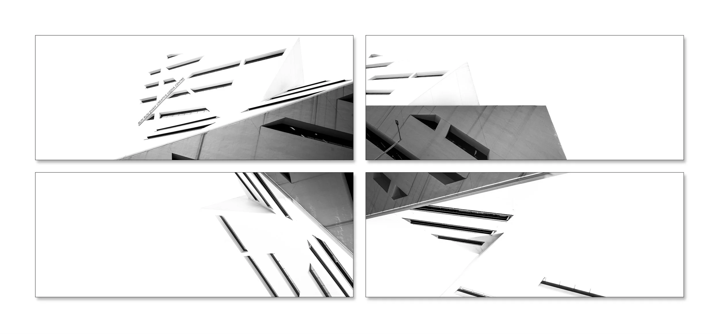 Un tetraptyque d‘architecture chinoise en cinémascope | The run run shaw creative media center | no. 08 | Hong Kong Kowloon Tong District | 2025. 4 photo prints on paper, 208 x 84 cm.