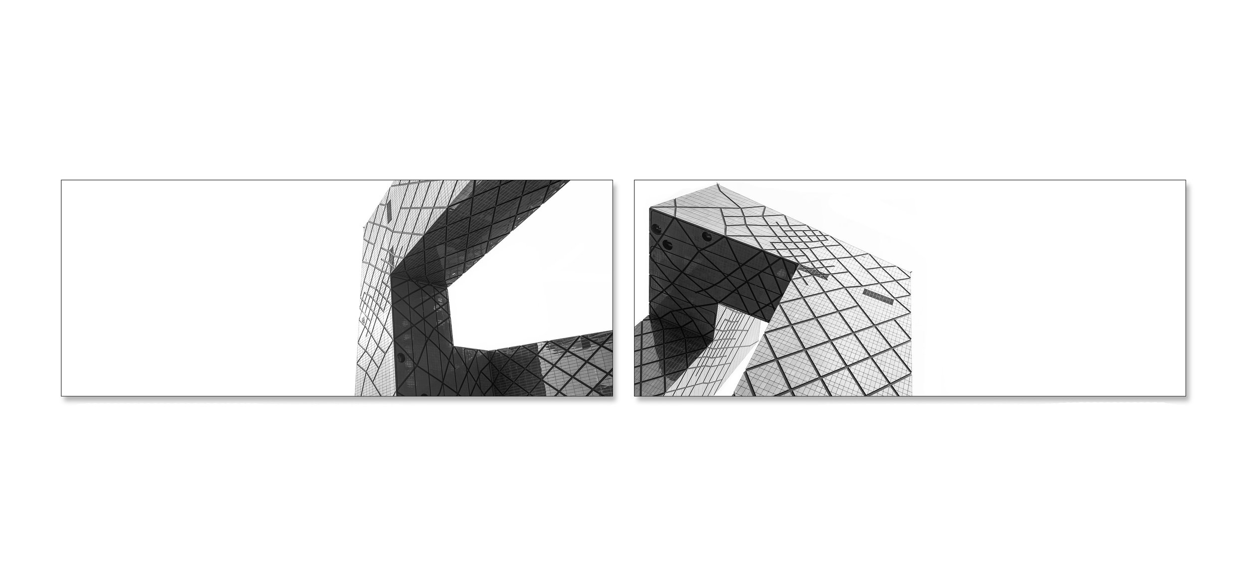 Un diptyque d‘architecture chinoise en cinémascope | CCTV Headquarters| no. 16 | Beijing Chaoyang District | 2024. 2 photo prints on paper, 208 x 40 cm.