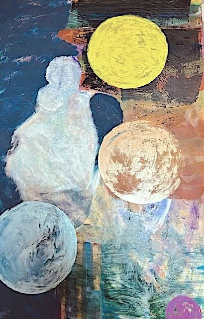 Three Worlds and A Woman, 2024. Encaustic paint on wood cradle board, 60.96 x 91.44 cm