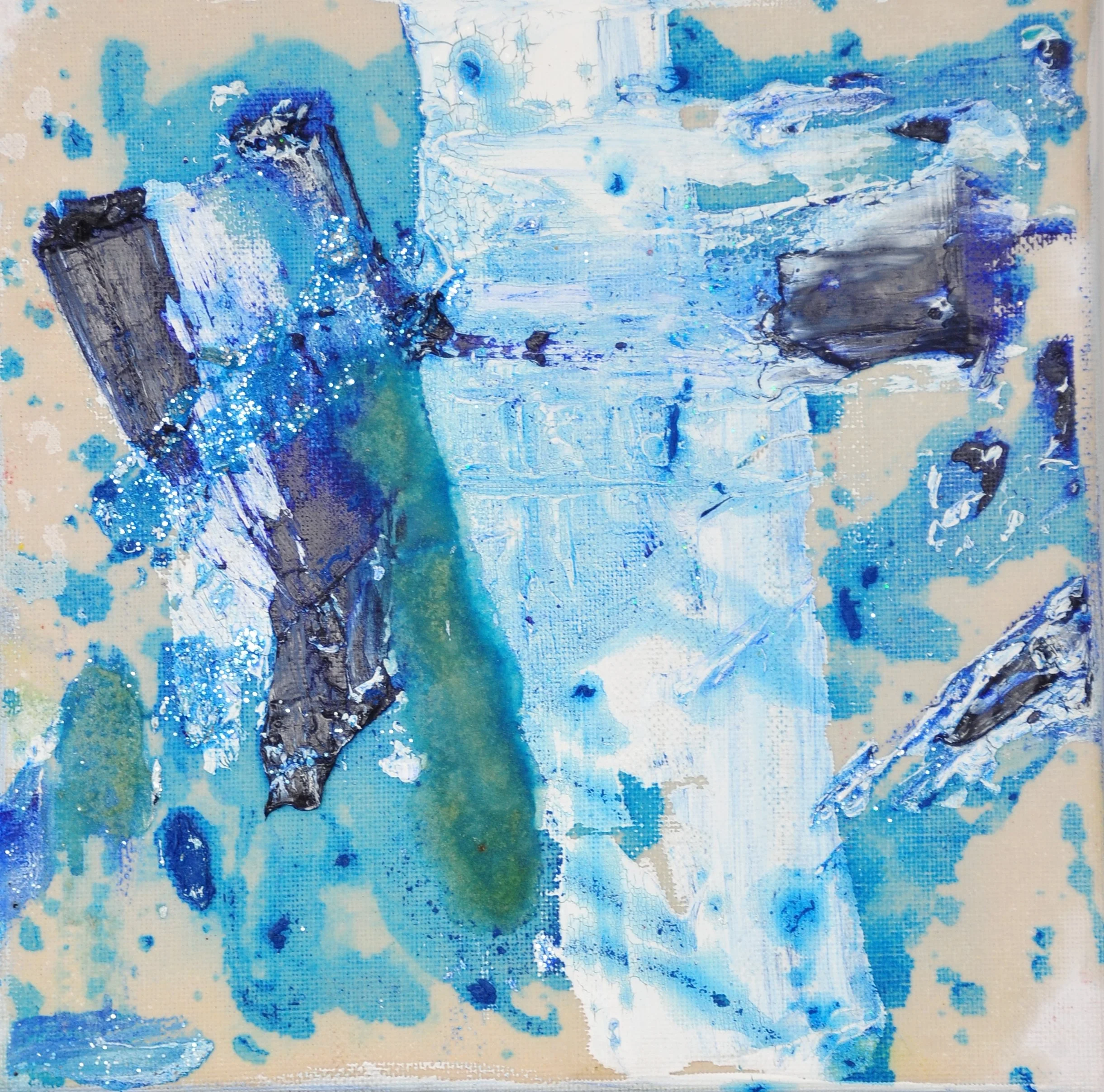 "Eisrosen I / Iceroses I", 2018 of my series "Eisrosen an der Fensterscheibe 2018, 2019"(10 paintings), oil, pigments and glitter on canvas, 20 cm x 20 cm