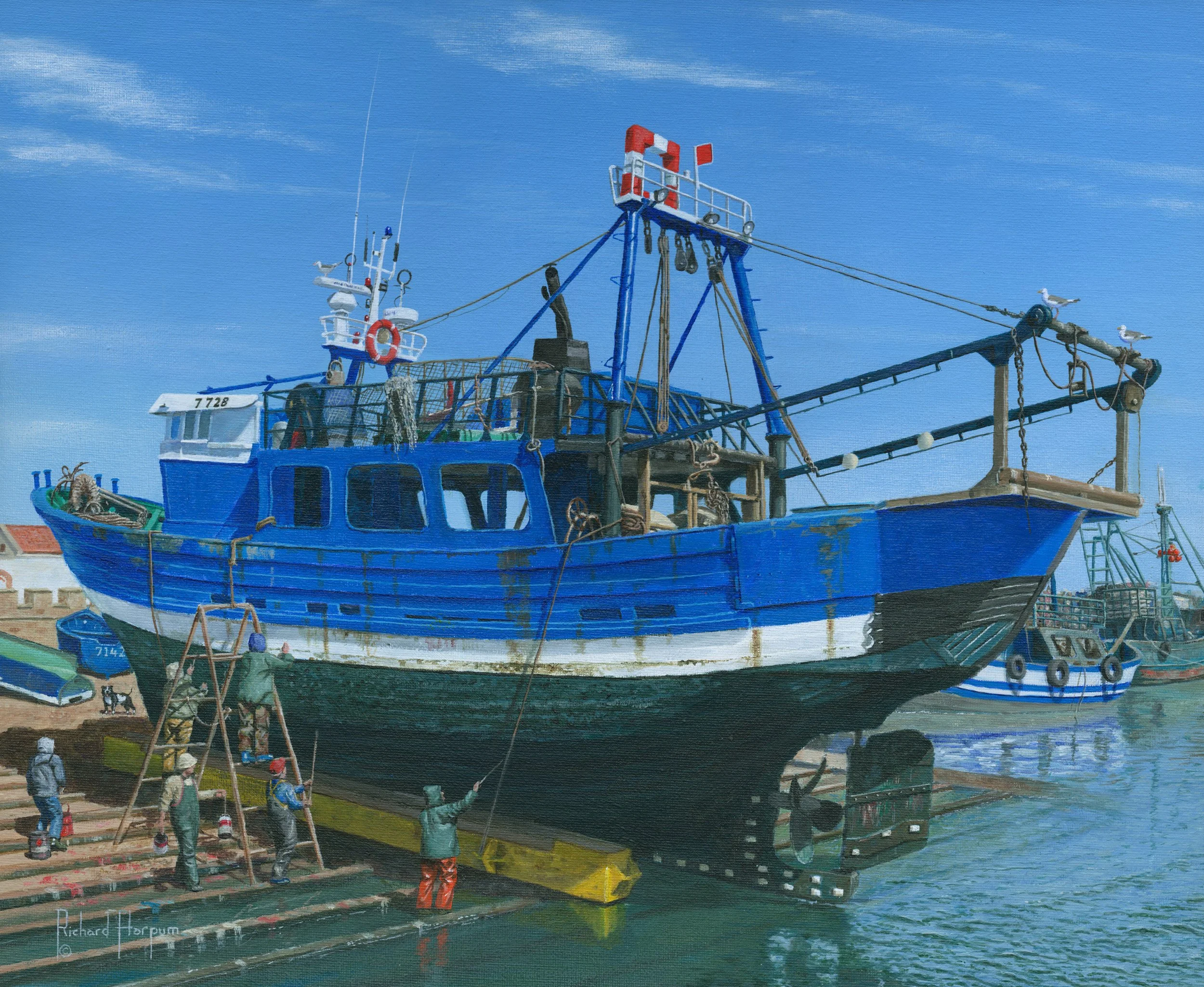 Fishing Boat Repairs, Essaouira, Morocco; 20" x 16"; acrylic on canvas