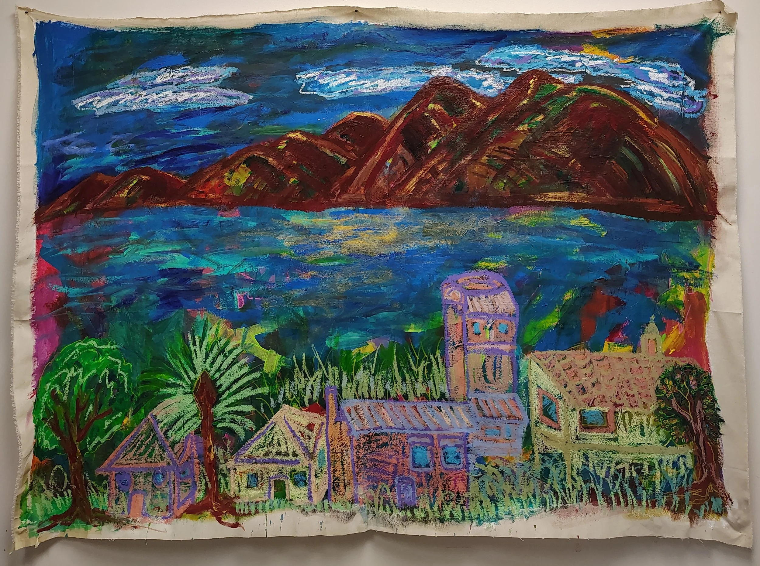 Greek retreat, 2025. Acrylic paint and markers and tempera sticks on canvas, 132 cm x 172 cm.