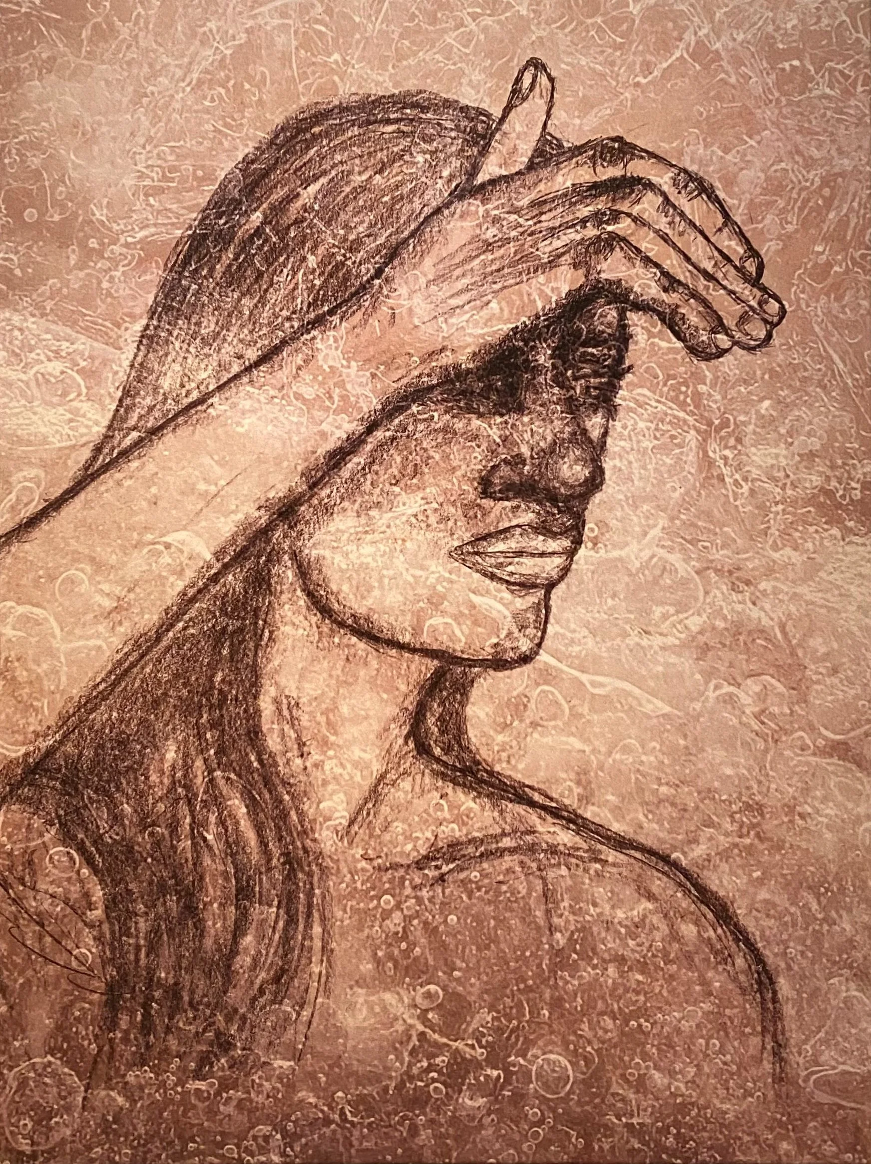 „Gazing into the unknown veil of sunlight“, 2025, digital art, pencil drawing, photography, print on canvas, 1/1, 60x80 cm, 65x85 cm incl. frame