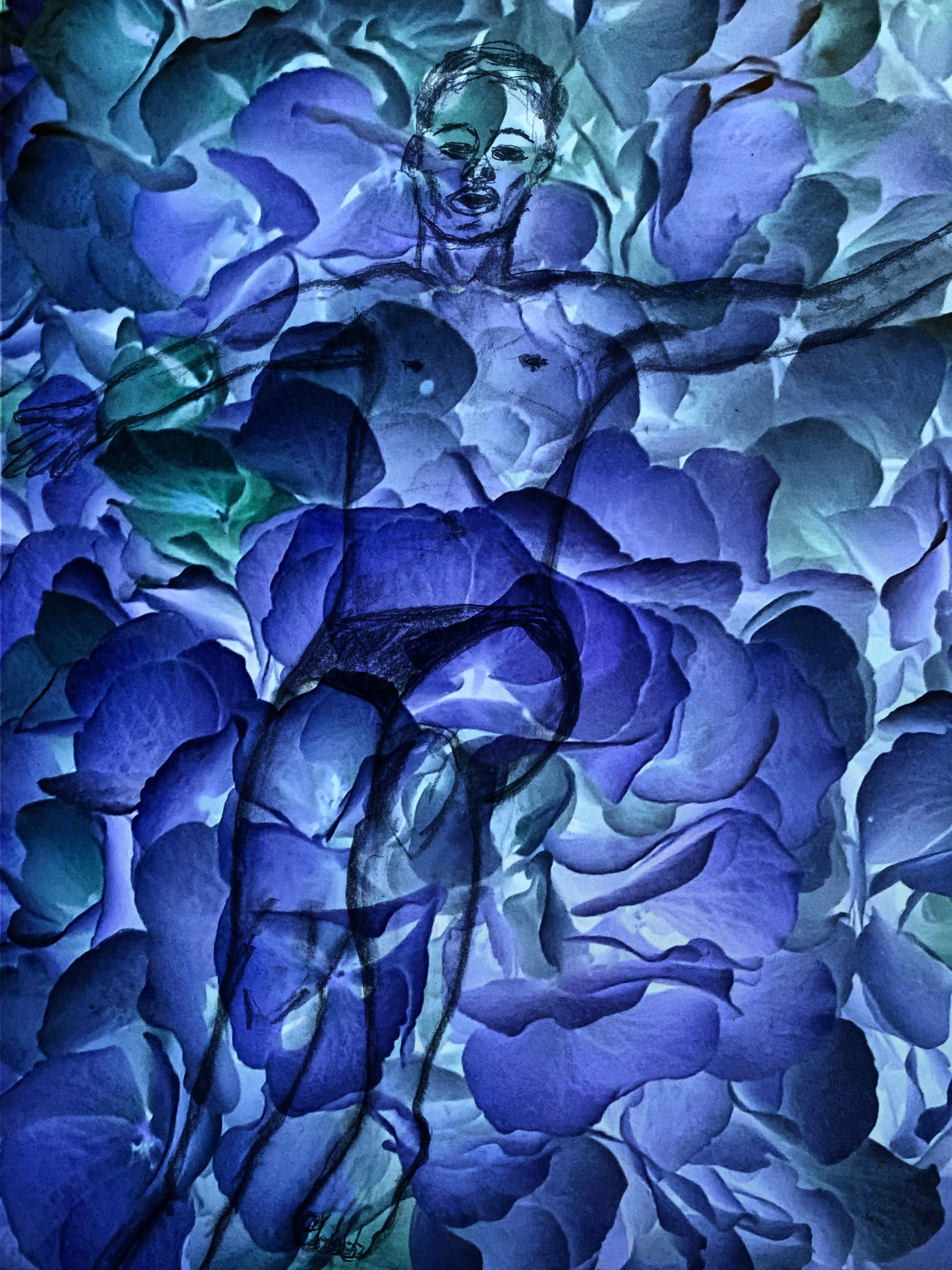 „Trust fall(s) into flowers“, 2025, digital art, pencil drawing, photography, print on canvas, 1/1, 100x75x4cm