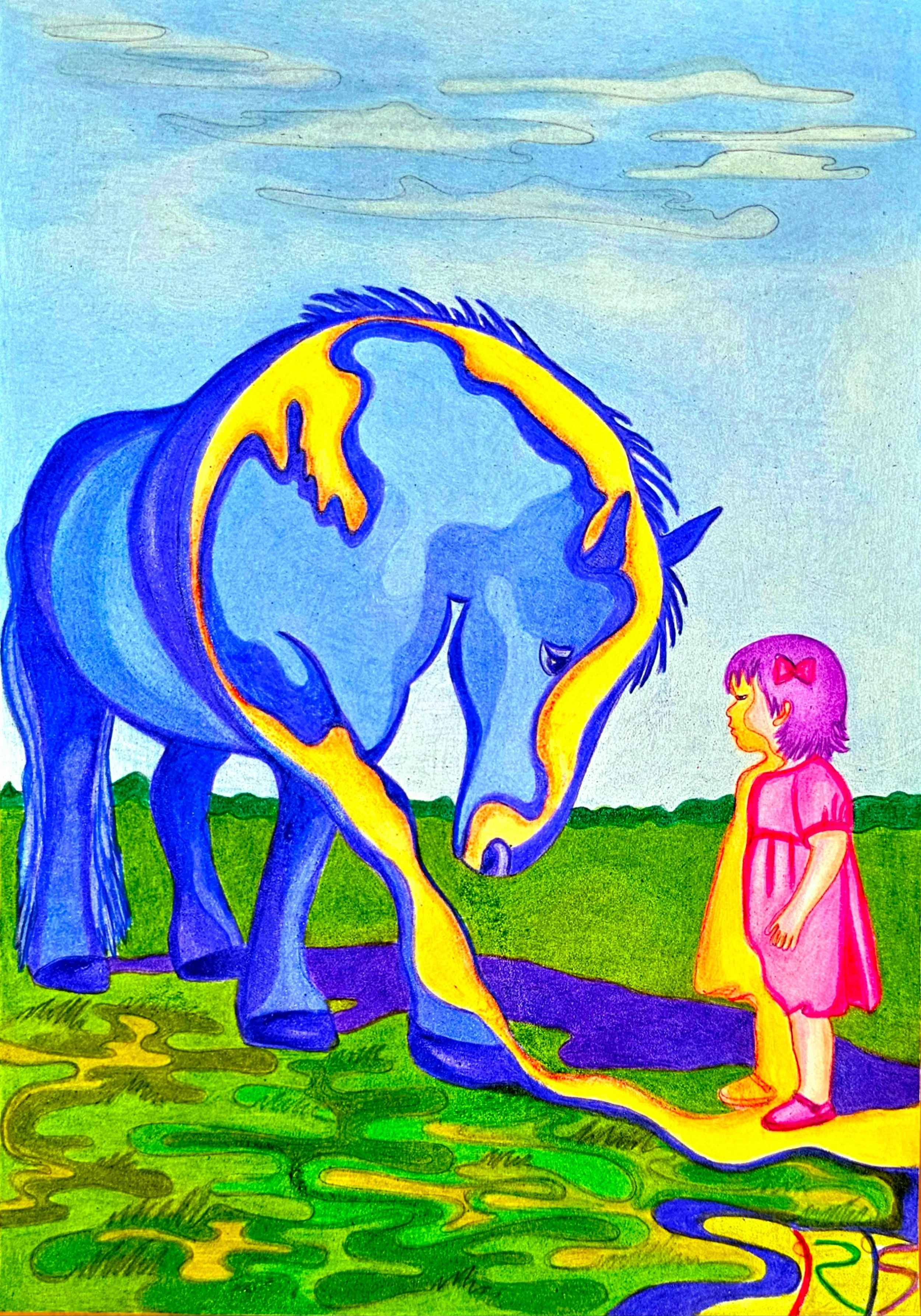 When Giants Bow to Gentleness, 2025, color pencils on paper, 29.7x21cm