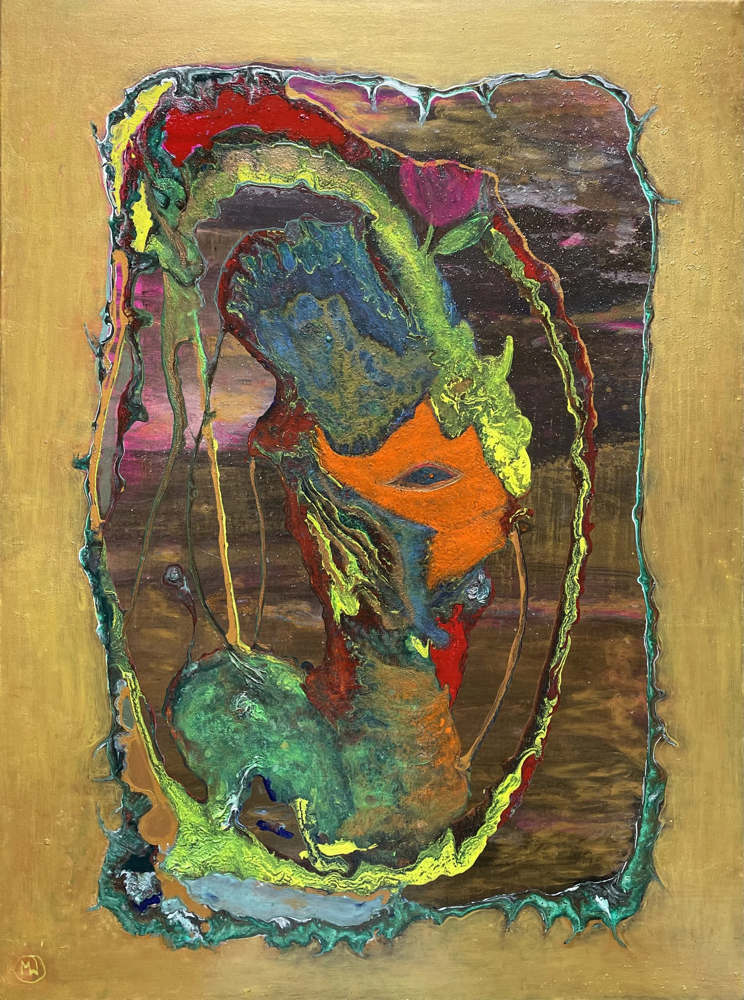 Battle of the Giants 2024, acrylic with fluid gold on canvas, 92 x102 cm