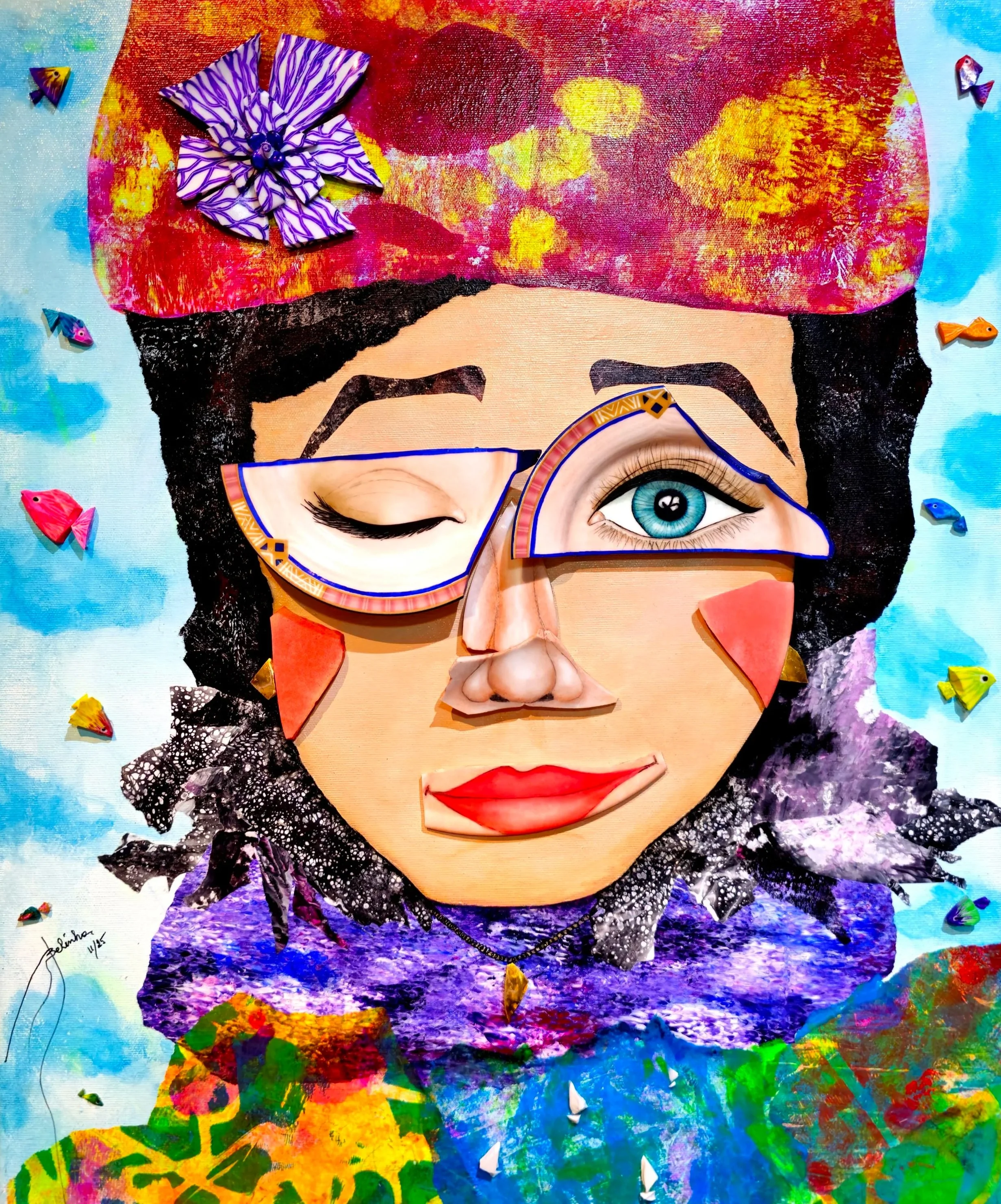 Mysterious Glance, 2025. Porcelain Fusion on Canvas, 60 x 50 cm.