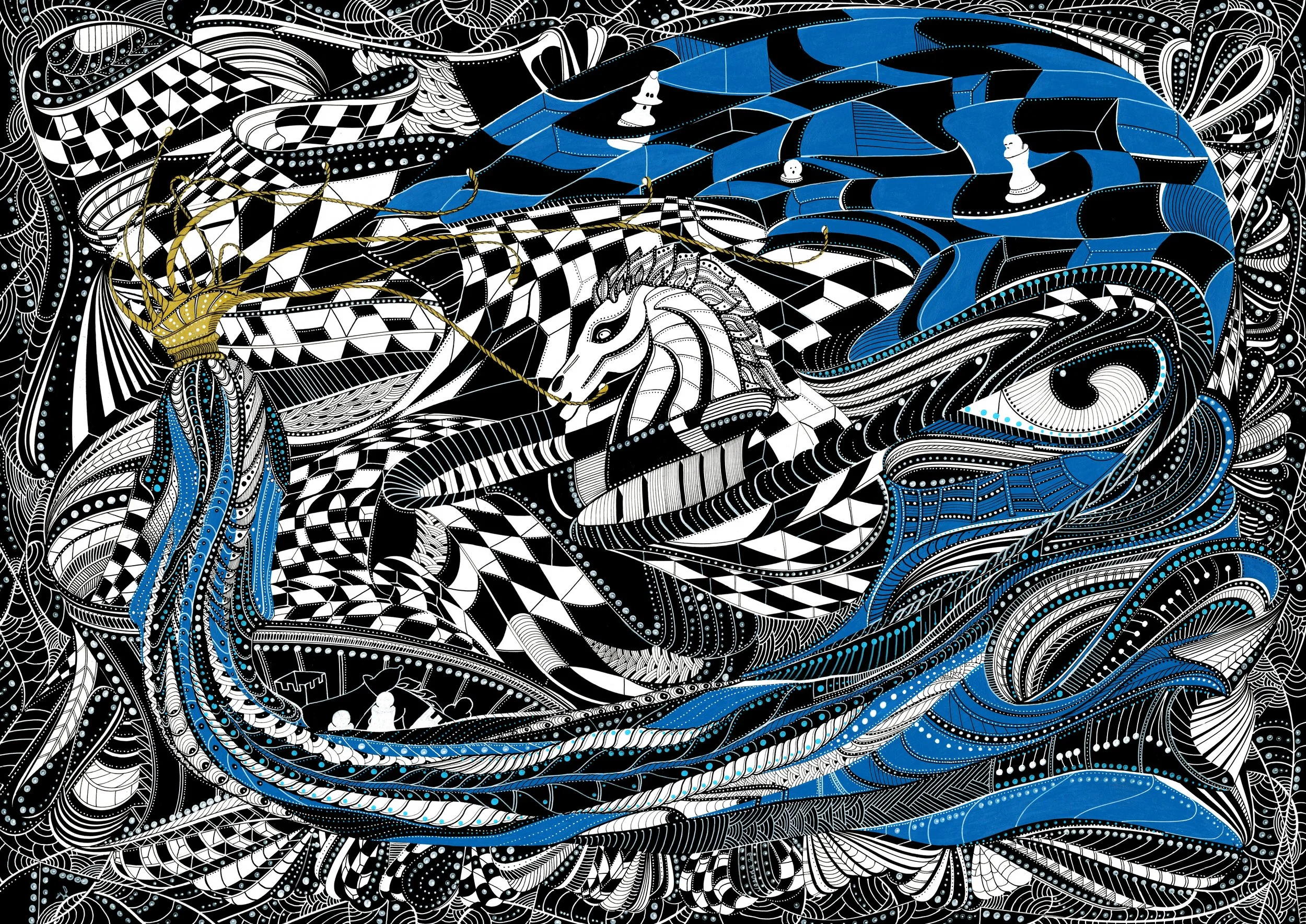Queen's Gambit, 2023, pen and ink with cerulean blue acrylic paint on board, 59.4cm x 84.1cm